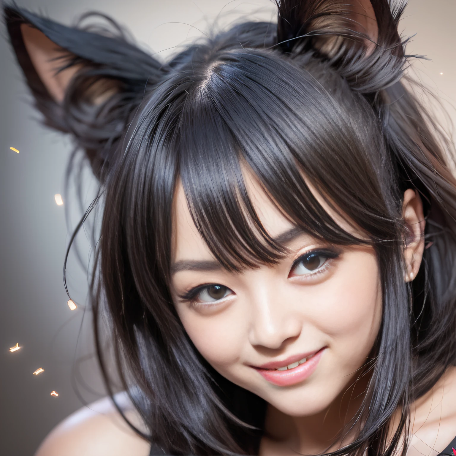 black hair, hair bobbles, wince, longeyelashes, solid circle eyes, fake animal ears, light smile, ear blush, fang, Surrealism, drop shadow, anaglyph, stereogram, tachi-e, pov, atmospheric perspective, 8k, super detail, ccurate, best quality