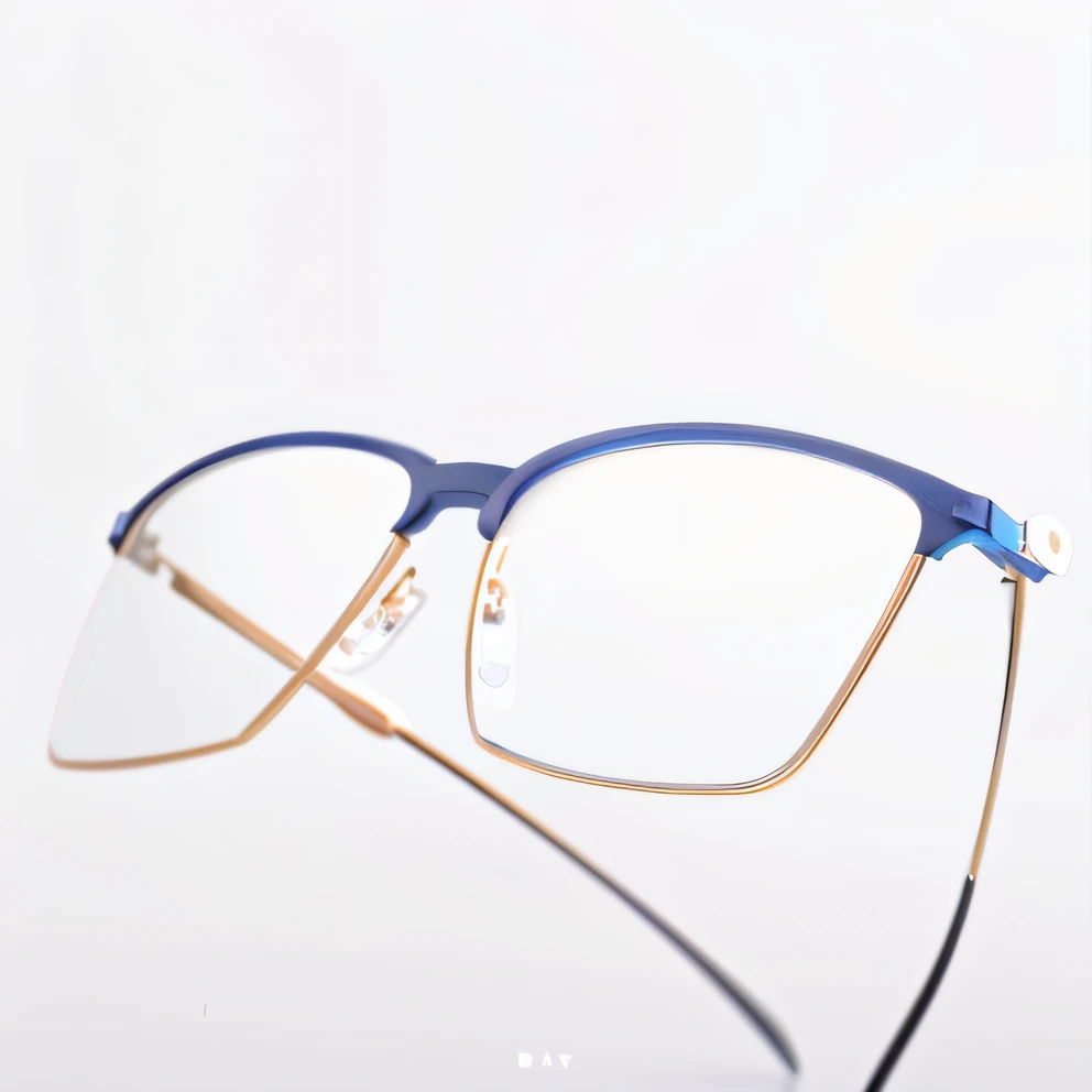 Blue-framed glasses，Clear lenses with white surface, half - frame square glasses, half-frame square glasses, blue rimmed glasses, rimless eyewears, Glasses frames, tall thin frame, dezeen, small square glasses, high quality product photo, eye glass, product introduction photos, Square frame glasses, Glasses |, professional product photo, eye glass