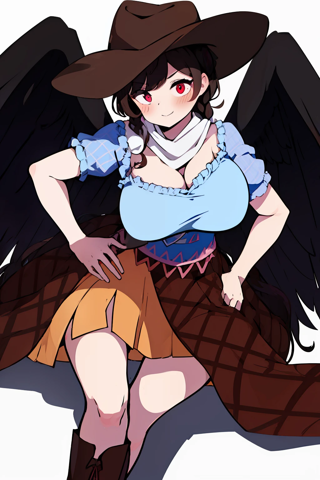 (masterpiece),best quality, expressive eyes, perfect face, 1girl,
big breast, H-cup, good breast, beautiful, gorgeous,anime,girl,lora, floating clothes, tent chest ,
nipple visible though clothes,Saki Kurokoma,
red eyes,
black hair,
short hair,
long ponytail,
black wings,
black horse tail,
brown cowboy hat,
brown boots,
light blue plaid shirt,
light pink shirt,
brown plaid skirt,
light orange skirt,
shoulders,
white bandana tied around neck,hands on waist, hands on hips,crazy smile,yameroyandere,yandere,crazy eyes,dark,glowing eyes,shaded face,empty eyes,w sitting, w sitting on ground,legs on ground,