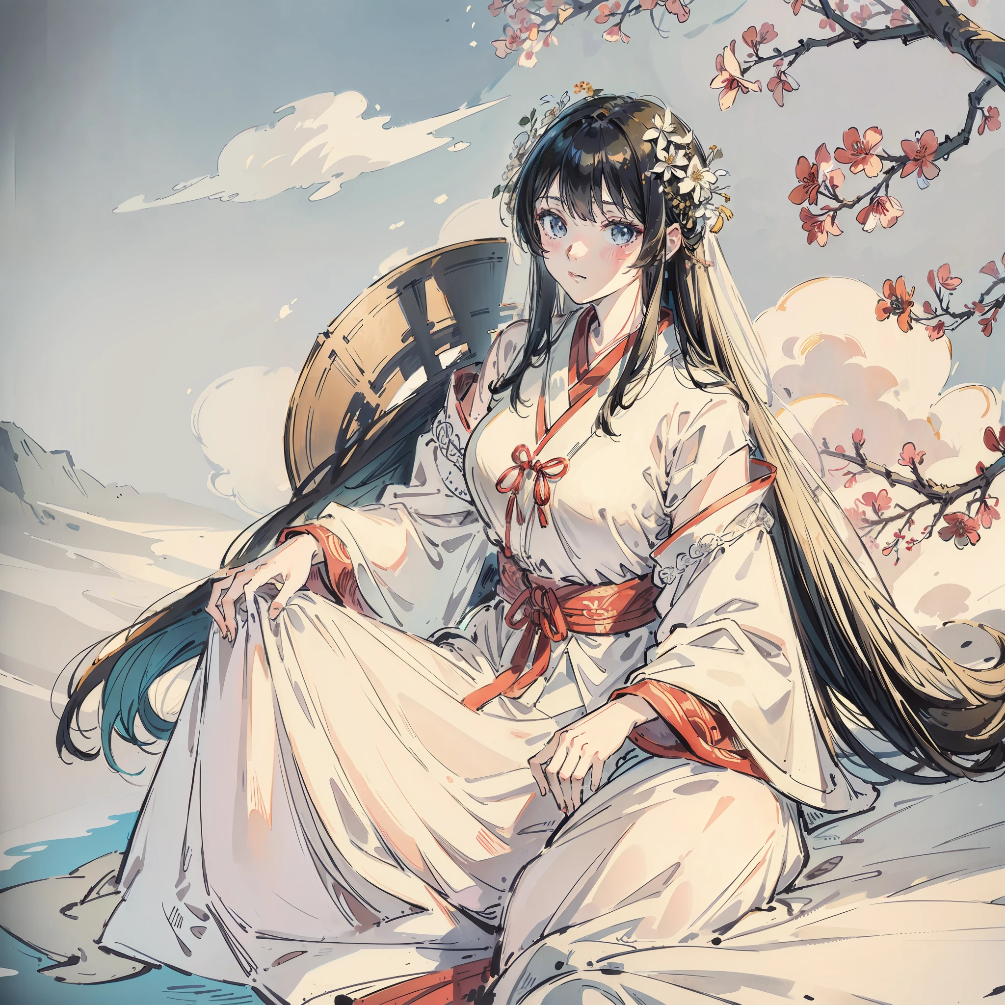 Portrait of a Chinese fairy maiden in flowing white robes, seated in a cloud with a stringed pipa, long black hair adorned with flowers