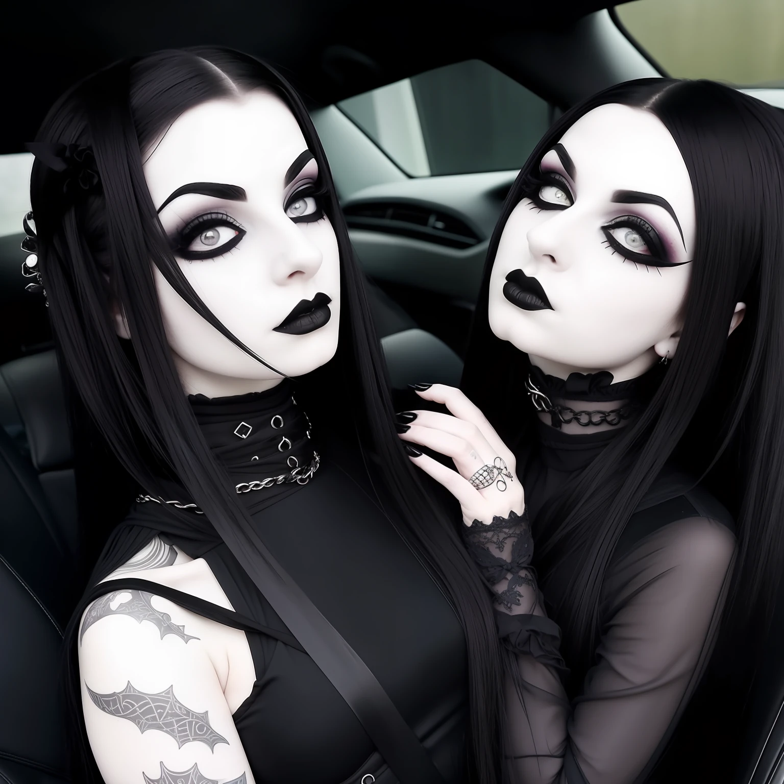 arafed woman with a choke on her neck in a car, goth girl aesthetic, 1 7 - year - old goth girl, darkwave goth aesthetic, pale goth beauty, pale skin and dark eyes, black sullen eyes, gothic horror vibes, goth aesthetic, with black eyes, dark aesthetic, goth girl, gothic girl face, with black sclera eyes