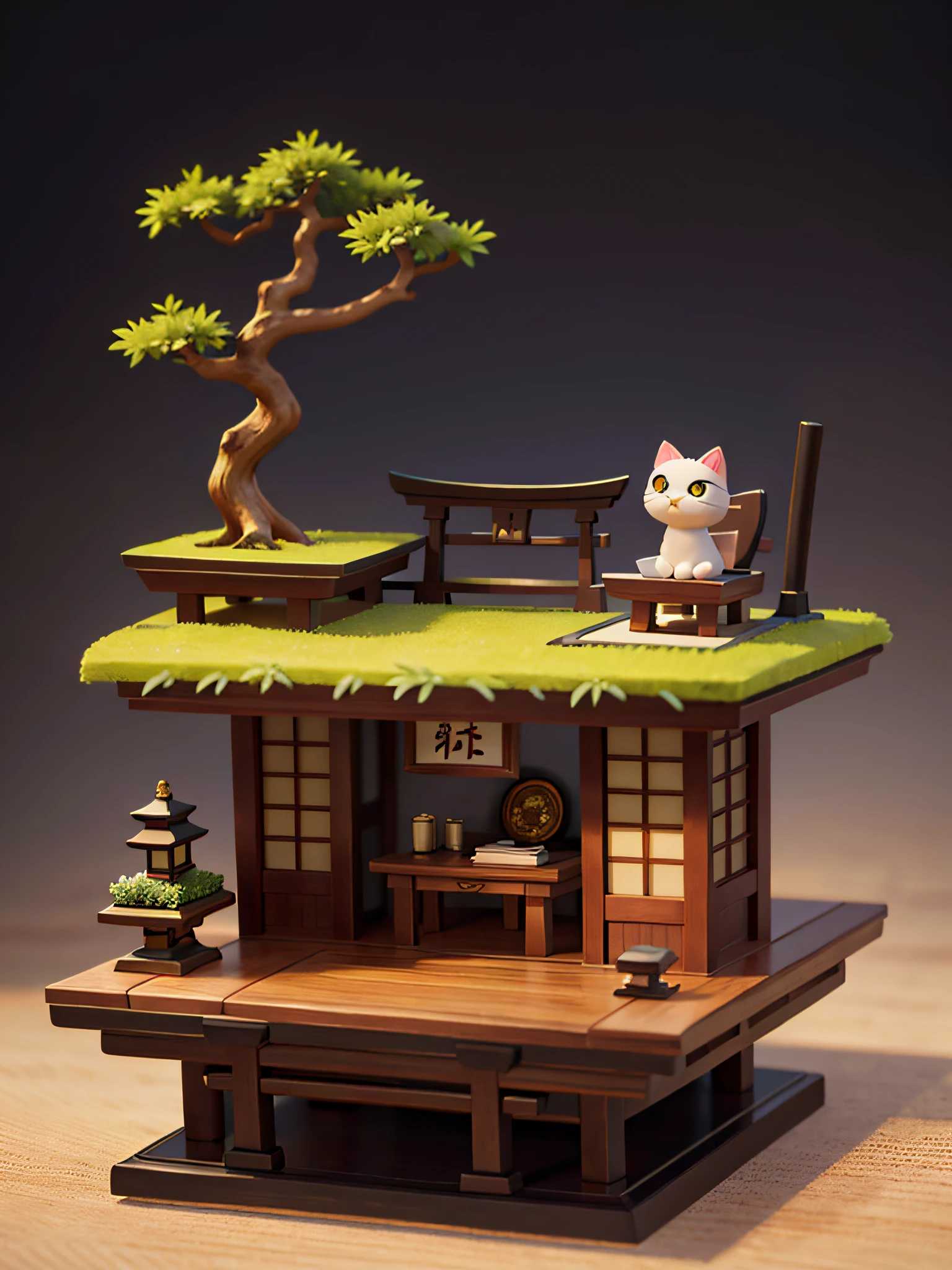 cat,cute cat,one body,one head,singl face,toy,vignette figure,whole body、1 cat、Very cute cat figure、Ultra Precise Cat Figure、Deformed cat、Sparkling eyes、Cat whole body、Output image quality(add detail、The ultra -The high-definition、Masterpiece、hight resolution、8K、Award-winning works)、(intricate-detail、ultra-detailliert:1.2)、Cinematic Shots、vignettes、central、japanic style、pure Japanese style、japanese aesthetic、Traditional Japan culture、Vermilion torii gate、Stone approach、pine trees、willow trees、Bonsai in Japanese style、black cat、Chic impression、Muted shades、gentle shades、Attractive composition、Attractive lighting、depth of fields、diorama