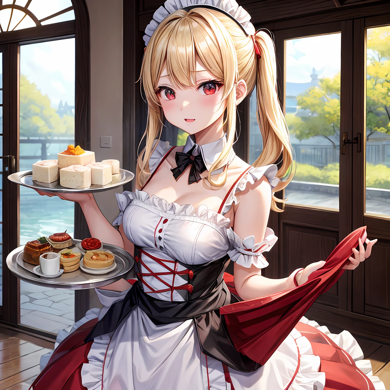 a blond、red eyes、One pretty girl、独奏、animesque、maid clothes、off shoulders、waitresses、tray