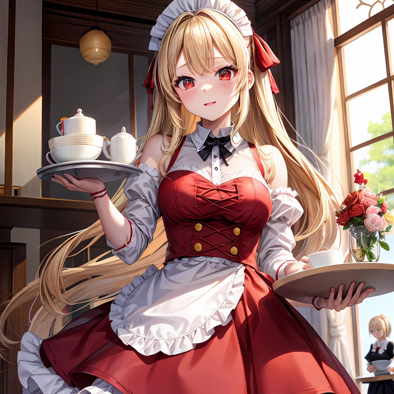 a blond、red eyes、One pretty girl、独奏、animesque、maid clothes、off shoulders、waitresses、tray