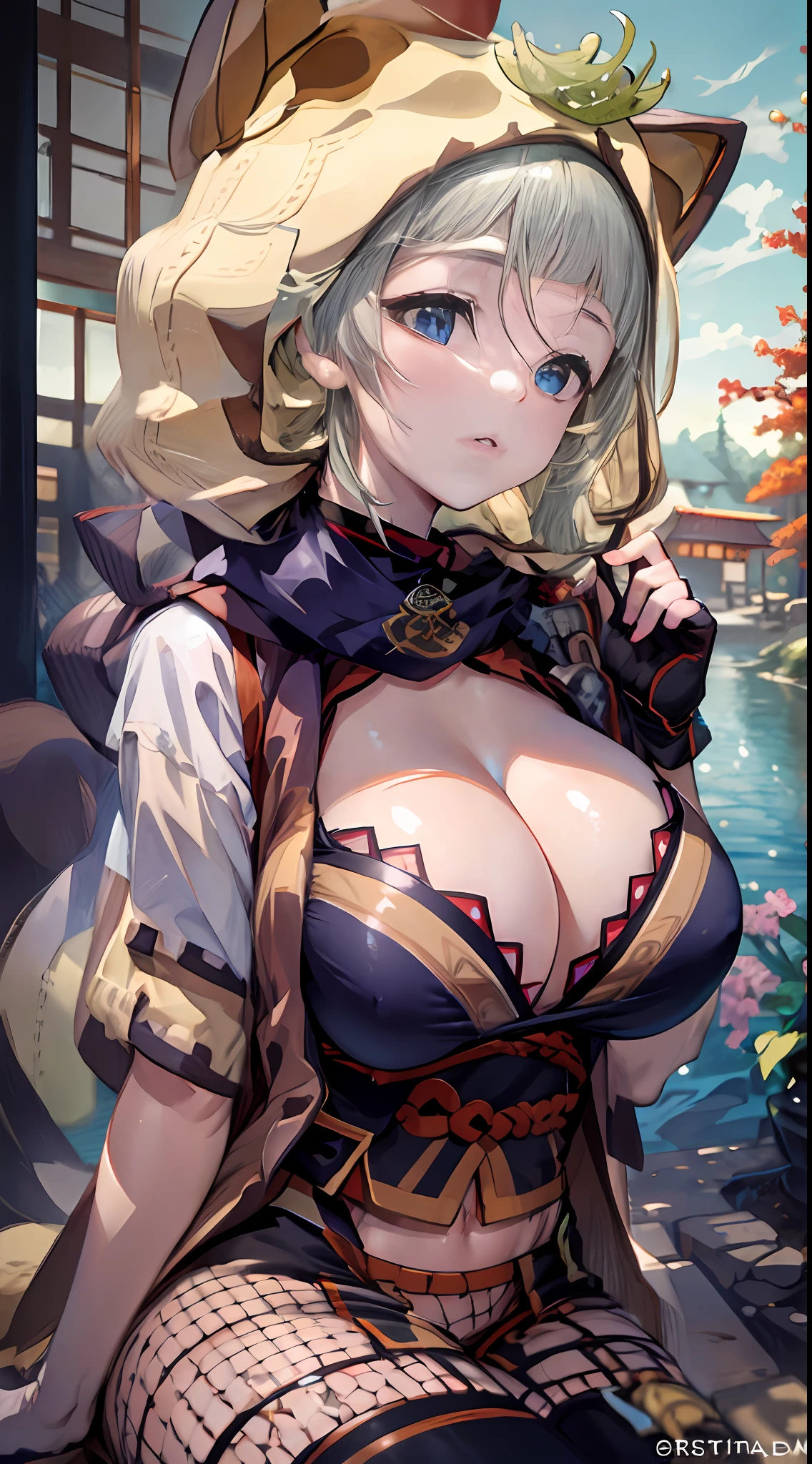 (NSTDA.:1.2), (10, beste-Qualit, master-piece: 1.4), ultra-high resolution, (lifelike, photorealistic portrait: 1.48), 30 years old, A Beautiful Girl, Famous Japanese actors, oversized breasts, Blue Eyes, Head tilt, cowboy shot, from the front,My favorite cat ears, looking at the audience, expressionless, Beautiful lake, Zeiss 150mm F/ 2.8 Hasselblad, In Japanese shrines, Whole body, foot, Ultra-Wide Angle