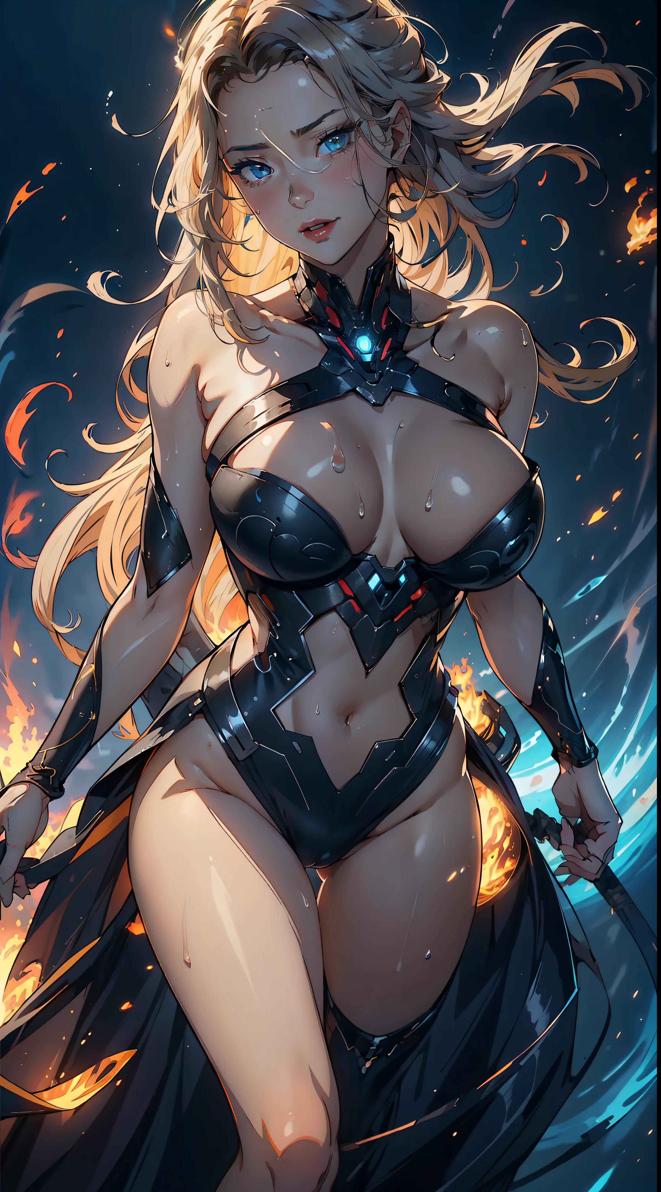 1female，36 years old，Huge breasts， 独奏， Iron Man，Wear venom，（Background with：rainforests，very heavy rain，Flames flying）CLASSICSTYLE，  She has long flowing hair， Bare genitalia， standing on your feet，Bigchest，Wet straight hair，Sweat profusely，drenched all over the body， frontage， blond straight hair， mostly cloudy sky，（（（tmasterpiece），（Very detailed CG unity 8K wallpaper），best qualtiy，cinmatic lighting，detailed back ground，beatiful detailed eyes，Bright pupils，blue color eyes，（Very fine and beautiful），（Beautiful and detailed eye description），ultra - detailed，tmasterpiece，）），facing at camera，A high resolution，ultra - detailed），Beautiful legs and buttocks，Very long hair，legs are open，Emotive expressions，Open-mouthed，Chest sagging，nakeness， Bulge，Expose the genitals，revealing breasts，Camel toes，with no underpants，extremely large bosom，Extremely colorful，Most detailed，fully body photo，The face is well lit