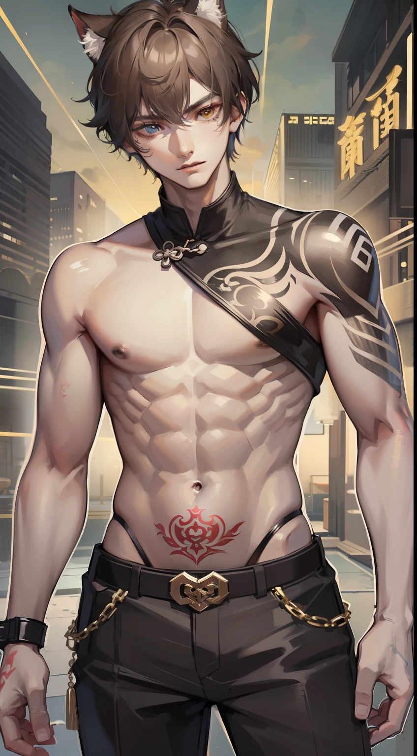 young boy, short gray hair, Cat's ears, Heterochromia, Yellow left and brown right eyes, tattoo, open torso, Pants of a Chinese general, swords, Masterpiece, hiquality