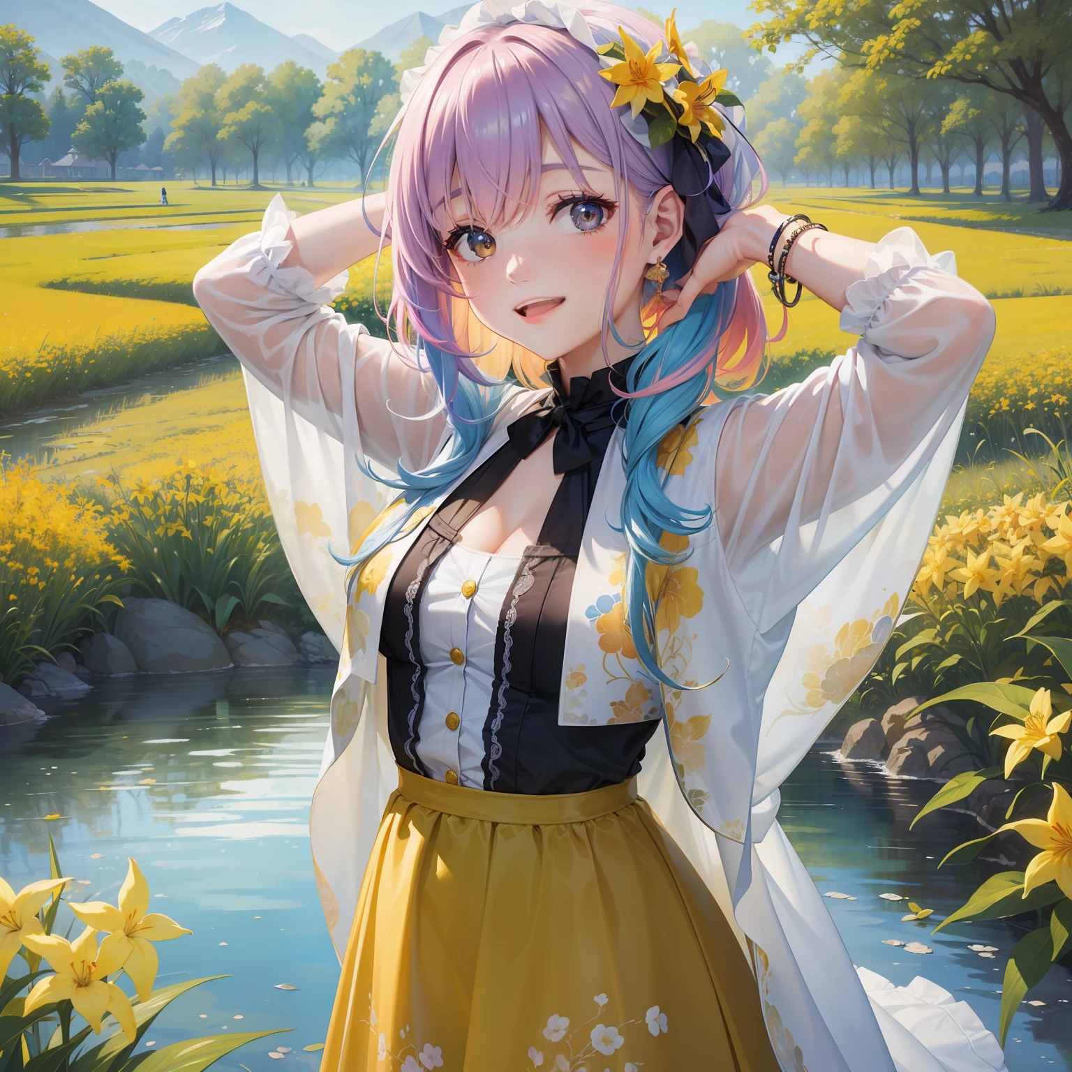 "Depict a beautiful, aesthetic watercolor painting. It features a girl (1.3) with vibrant, two-toned hair – half yellow, half orange (1.2). The scenery includes water, liquid elements, and a colorful field of forsythia flowers. The girl is laughing, bringing a whimsical feel to the landscape painting. Make sure her whole body is visible in the artwork."