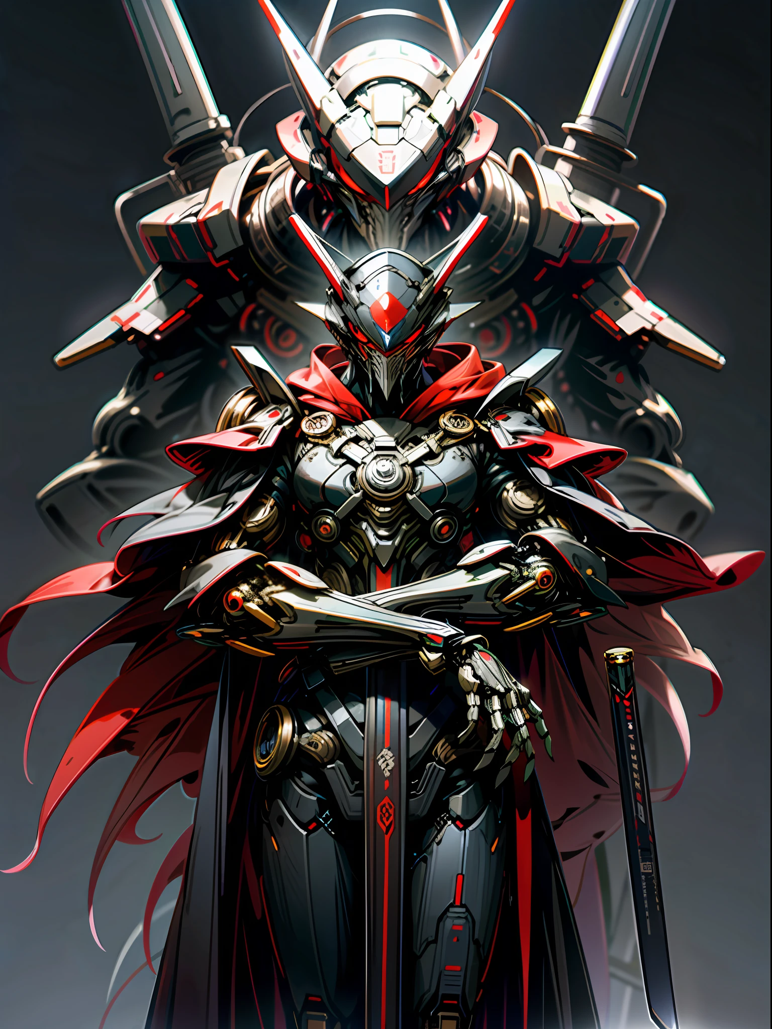 RAW photogr,Dark_fantasy,cyber punk perssonage,(Big Revolver,Sword man,red colour:1.1),1人,围巾,cloaks,Mechanical Wonder,Robotic presence,cybernetic guardians