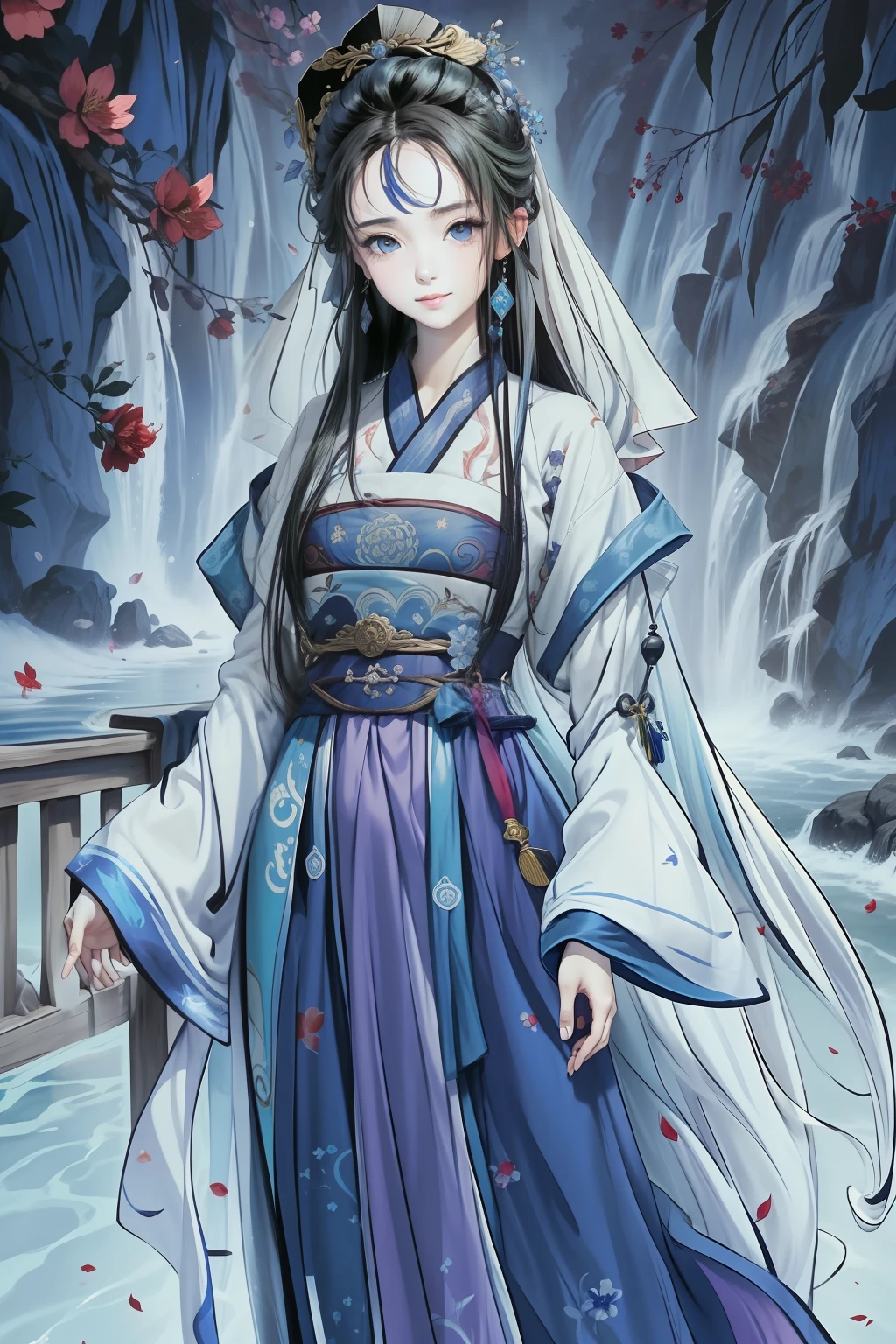 ((4k, obra maestra, mejor calidad)), shuimobysim, pintura de tinta china tradicional, loto, hanfu blanco, azul y dorado, maxiskit, vestir de manera conservadora 1 mujer joven, solo, cabello largo violeta oscuro, ojos verdes, adorno de pelo flor roja, sonrisa, de pie, pies en el agua, descalzo.