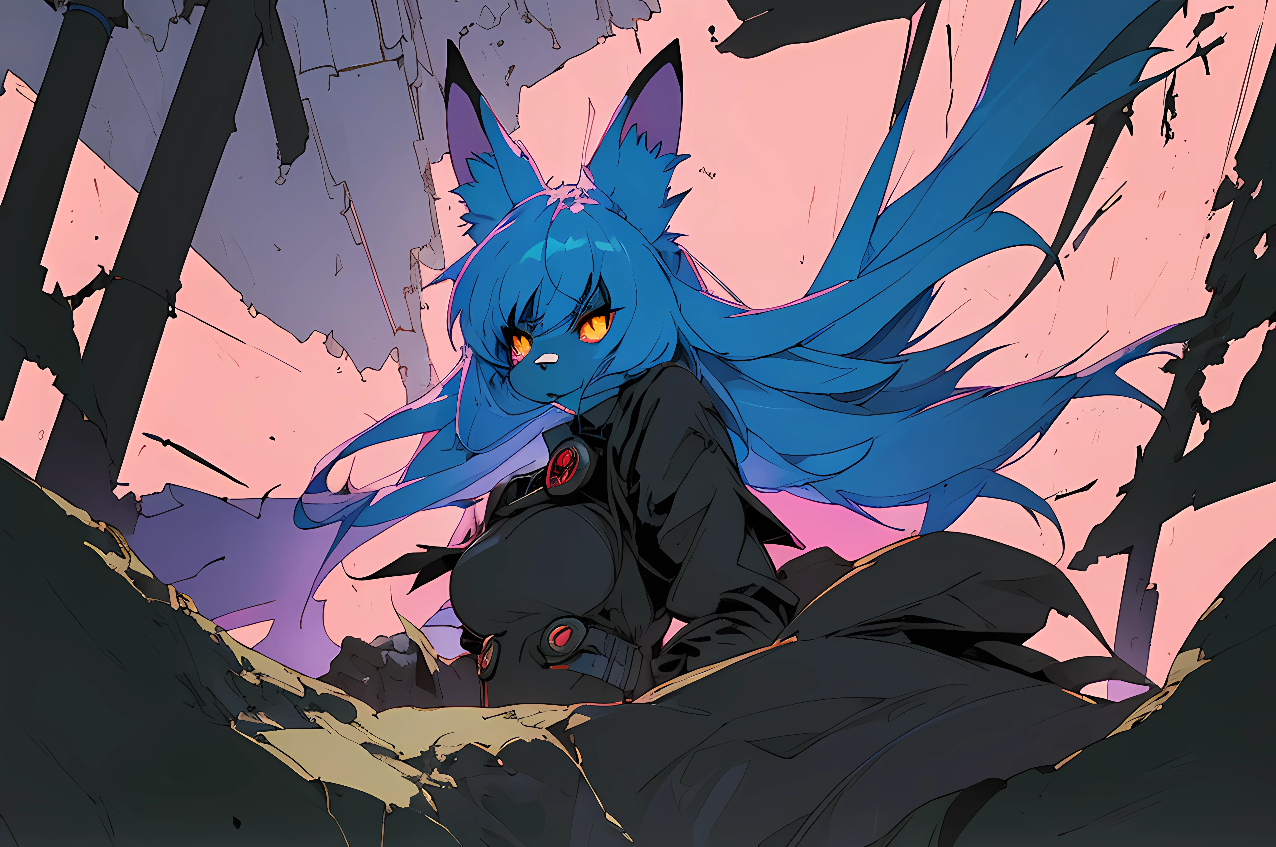 (((vintage vhs))), (((80s anime filmation cel art))), (((crt screenshot))), (vampire hunter d), (((bleak dark gothic cathedral shootout))), (((gothic blue anthro kemono furry rabbit exploring old ruins))), (((bleak underground cavern shining flashlight in old ruins))), angry anime rabbit character with futuristic hair and glowing eyes exploring old ruins, anime art, anime aesthetic, (((old ruins in background cel art))), kemono anime rabbit girl, wearing cybernetic bunny ears, angry powerful female fighter, (((bleak dark witch hunter robin))) --v6
