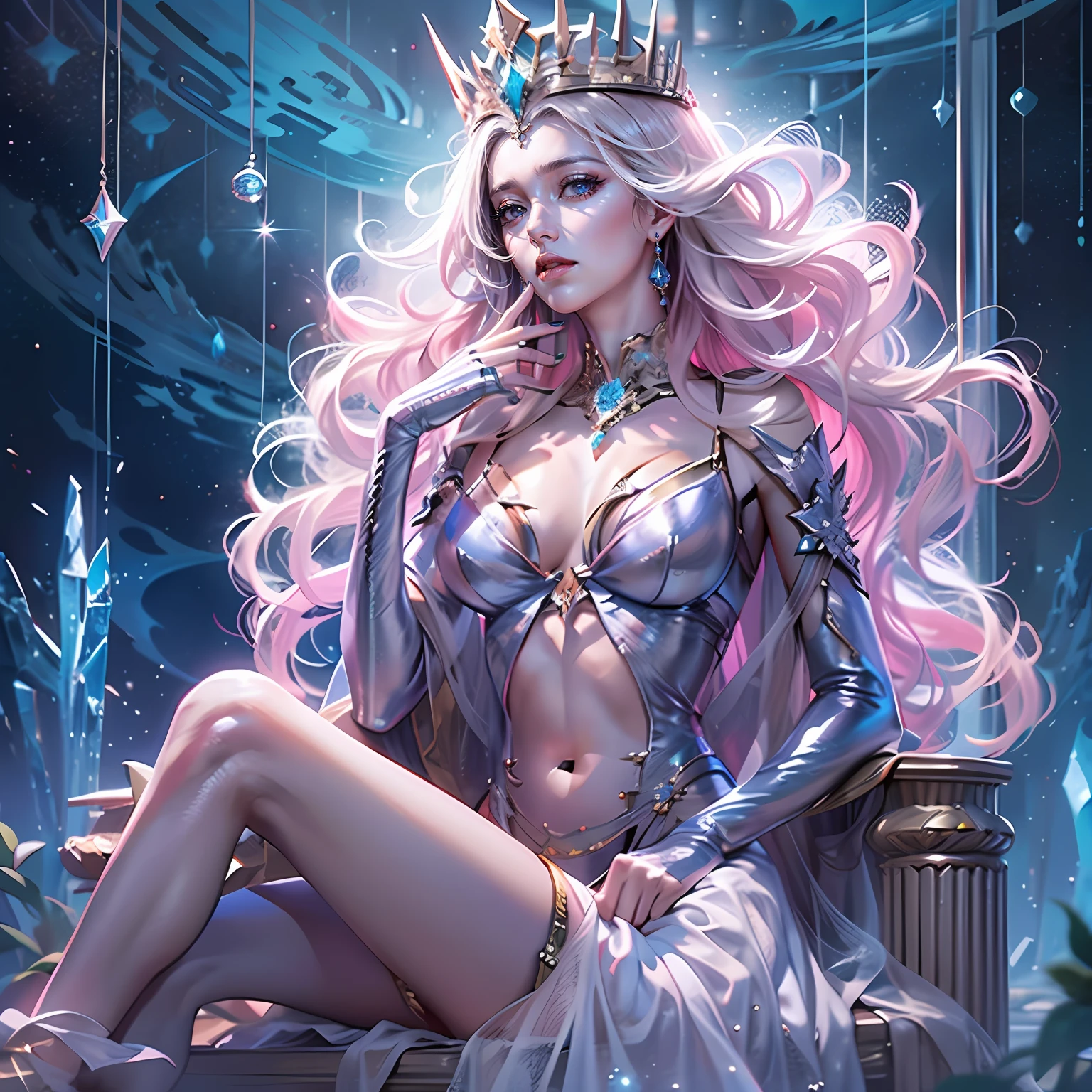 Queen with an extraordinary temperament,Under the starlight of the Milky Way stands the Crystal Castle,She has fair skin and an attractive body,Wear sexy clothing,Show a strong realistic style。
