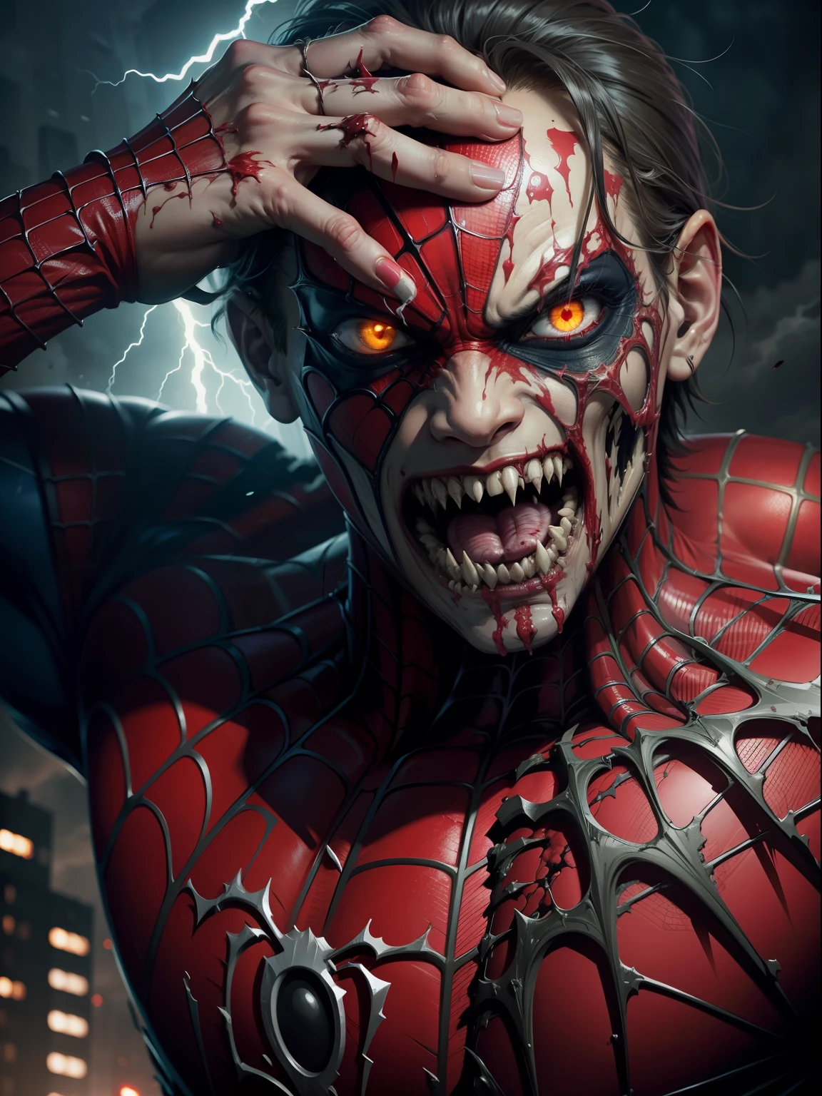 Dramatic Spiderman as a zombie covered in wounds and blood all over and opened its mouth showing its teeth and ready to bite, lightning on the background, cinematic, extreem realistic, extreem detailed, extreem Sharp, middle close-up shot