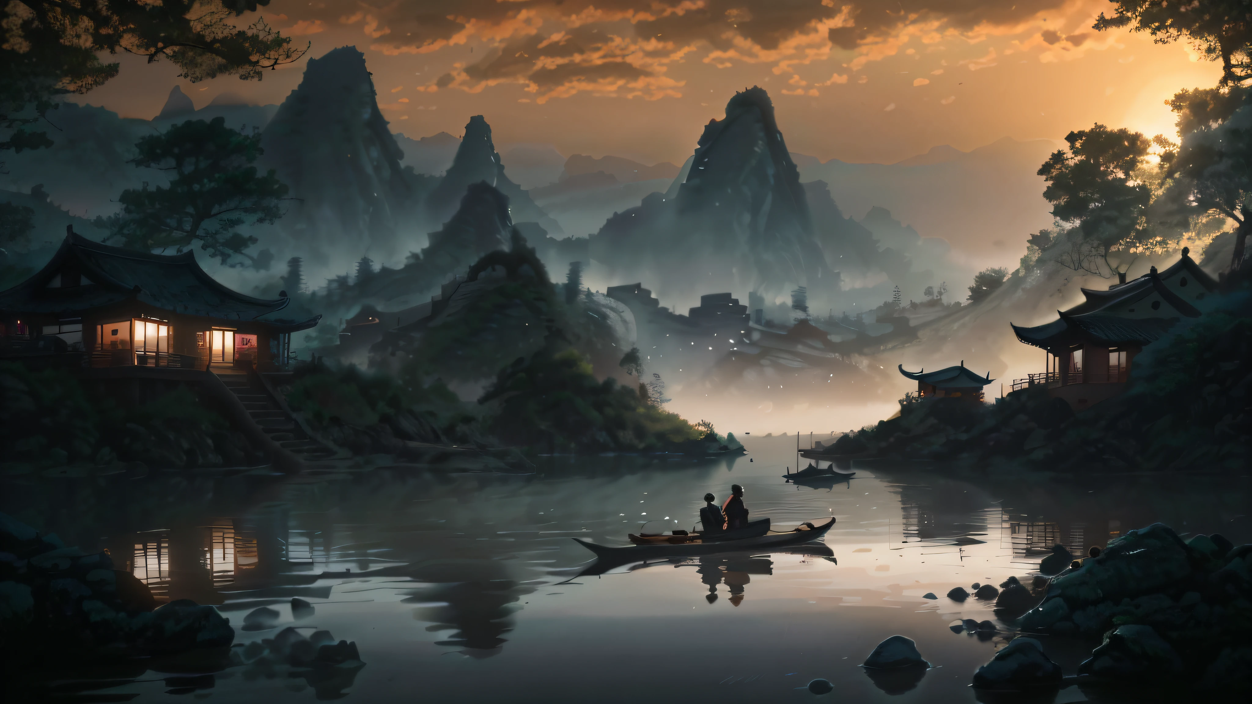 there is a man on a boat in the water with mountains in the background, dreamy chinese town, chinese landscape, cinematic. by leng jun, by Yang J, by Raymond Han, detailed scenery —width 672, 4k highly detailed digital art, by Zheng Xie, by Fan Qi, matte painting 4k 8k, by Ruan Jia