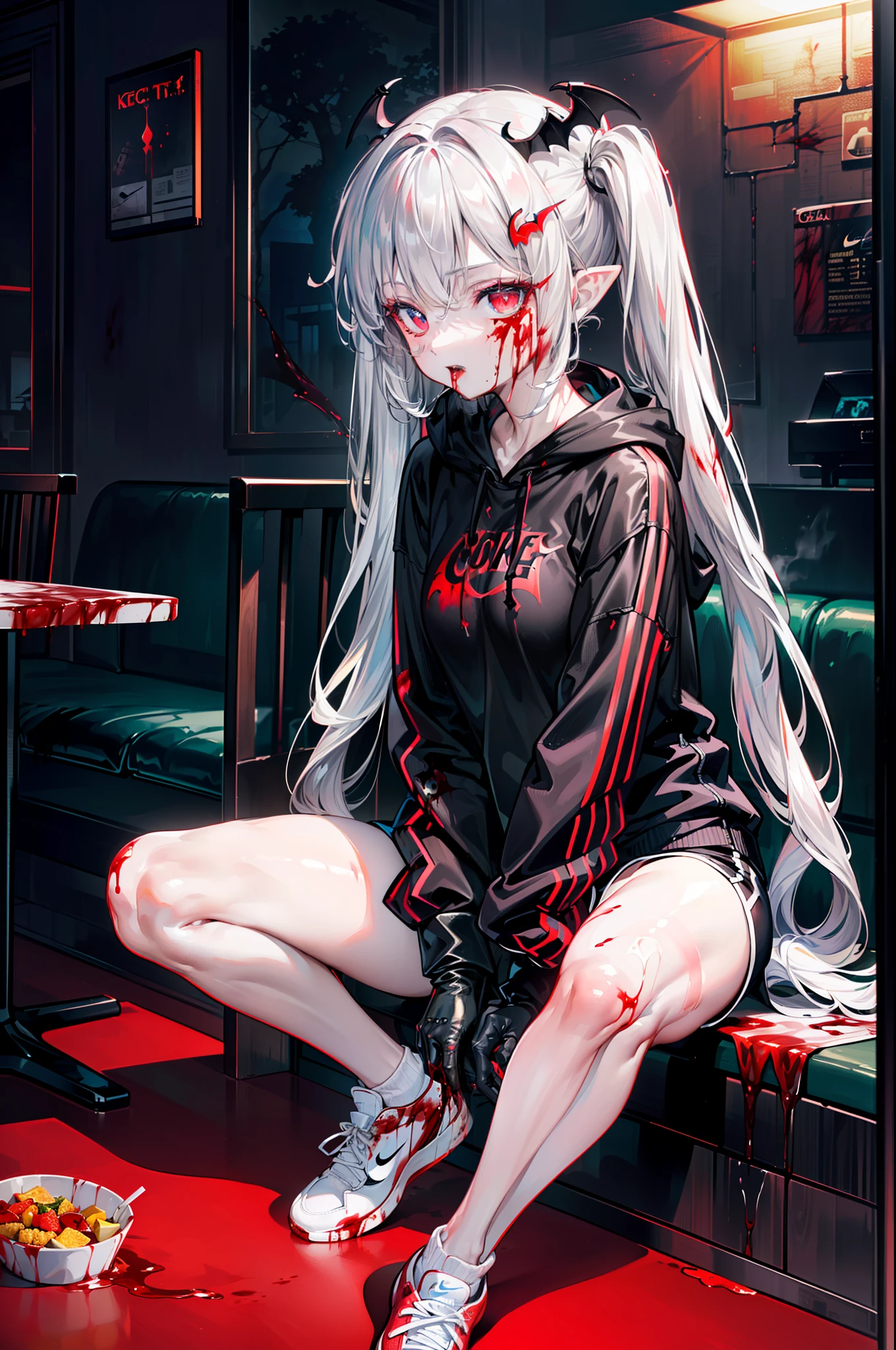 ((masterpiece, best quality, extremely detailed CG, unity 8k wallpaper,anatomically correct,ultra resolution)),Award-winning photography,(best illumination,Very Delicate and Beautiful),(one girl,solo,:1.5),(Vampire:1.45),silver hair,(twintails:1.2),glowing red eyes,(pale skin:1.45),(extremely beautiful and detailed face:1.2), (extremely beautiful and detailed eyes:1.2),perfect hands,delicate legs,((bat hair ornament)),(graceful,fashion),pointy ears,((nike hoodie:1.4,sports shorts,sports shoes,black leather gloves,black naked socks)),looking at viewer,sit at table,(drinking cola:1.3),(cute:1.5),((night, dark atmosphere, dark theme, darkness:1.5)),dramatic shadows,(dimly lit:1.5),blood on face,blood on floor, blood on walls,(blood mist,blood splash:1.4),depth of field,(in restaurant:1.2,KFC:1.3,coca cola),(perfect human body structure with maximum precision)