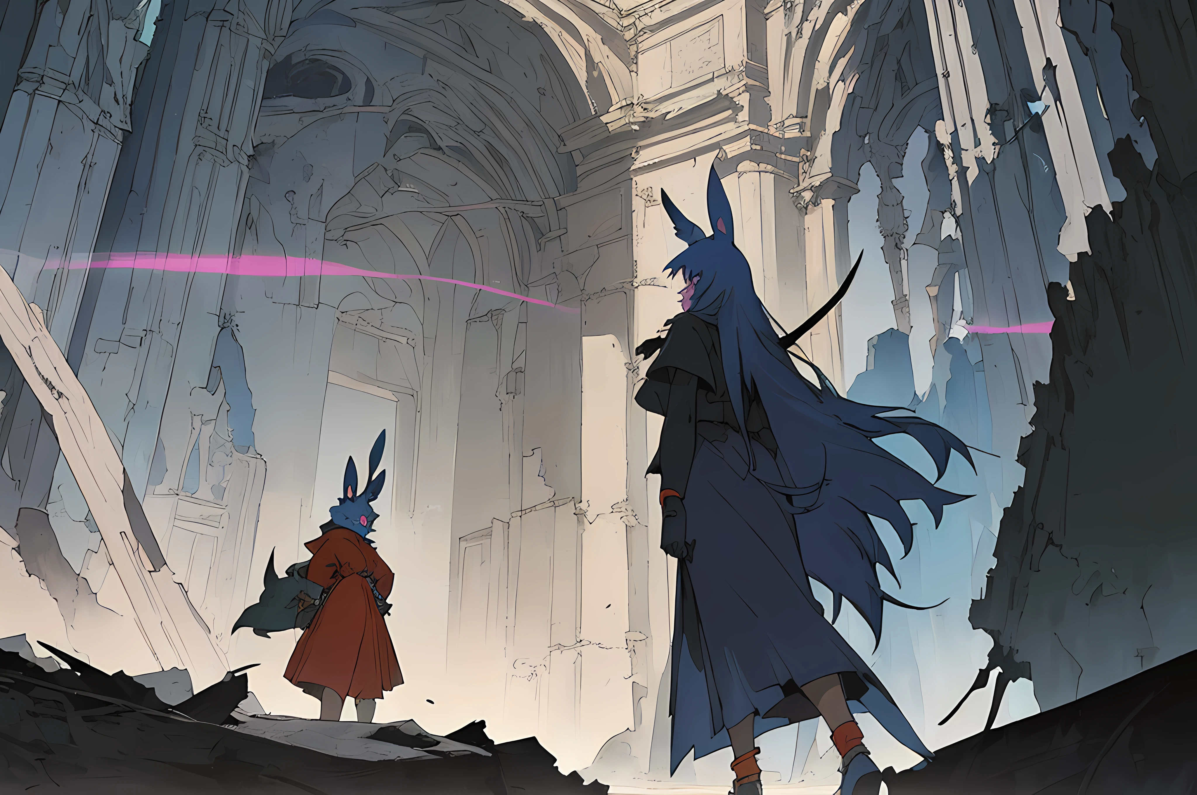 (((vintage vhs))), (((80s anime filmation cel art))), (((crt screenshot))), (gunsmith cats), (vampire hunter d), (((bleak dark gothic cathedral shootout))), (((thin gothic blue anthro kemono furry rabbit exploring old ruins))), (((bleak underground cavern, walking in old ruins))), anime rabbit character with futuristic hair and glowing eyes exploring old ruins, anime art, anime aesthetic, (((old ruins in background cel art))), kemono anime rabbit girl, wearing cybernetic bunny ears, angry lithe powerful female fighter, (((bleak dark witch hunter robin))) --v6