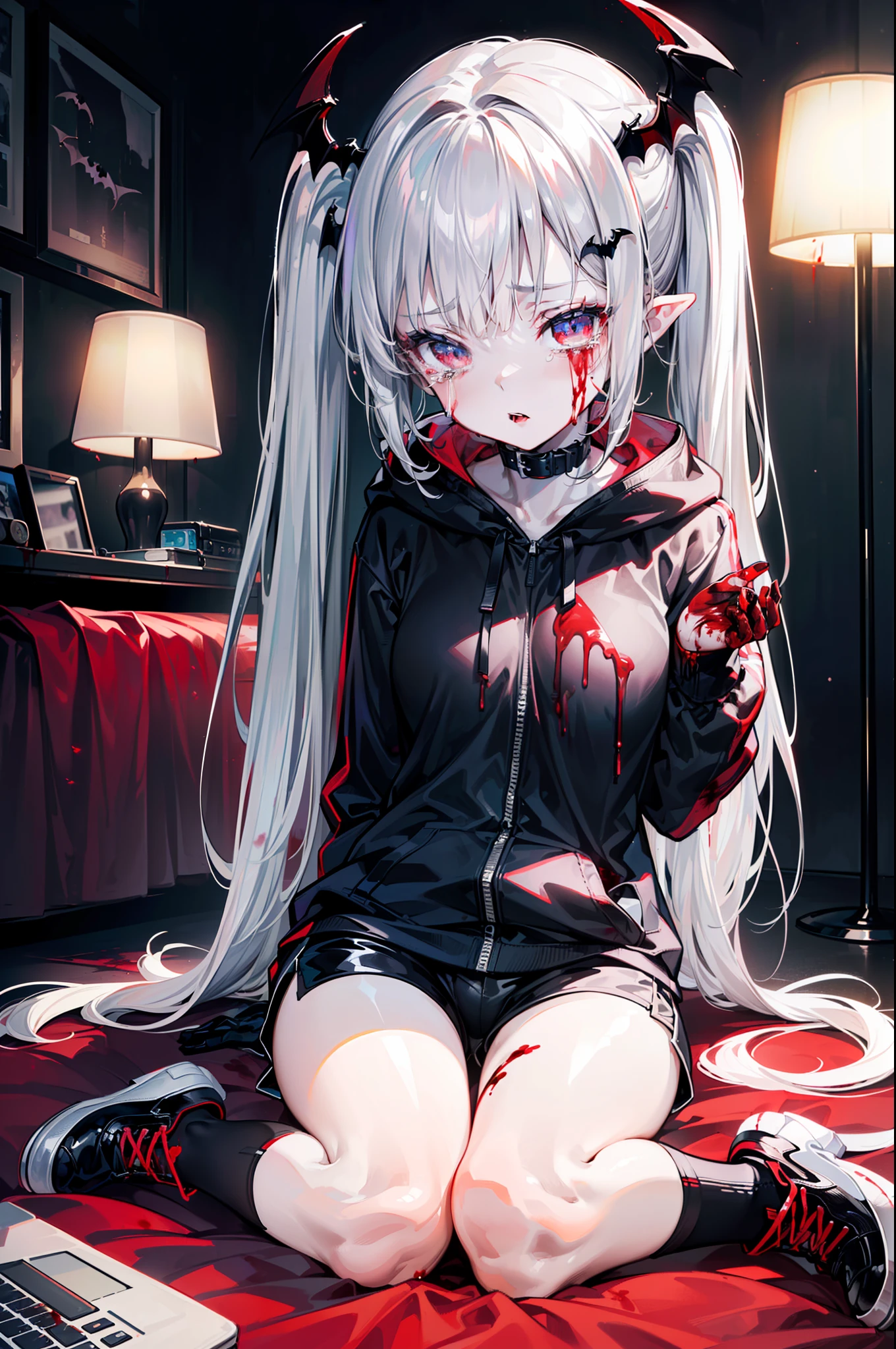 ((masterpiece, best quality, extremely detailed CG, unity 8k wallpaper,anatomically correct,ultra resolution)),Award-winning photography,(best illumination,Very Delicate and Beautiful),(one girl,solo,li:1.5),(Vampire:1.45),silver hair,(twintails:1.2),glowing red eyes,(pale skin:1.45),(extremely beautiful and detailed face:1.2), (extremely beautiful and detailed eyes:1.2),perfect hands,delicate legs,((bat hair ornament)),(graceful,fashion),pointy ears,((nike hoodie:1.4,sports shorts,sports shoes,black leather gloves,black naked socks)),looking at viewer,sit on bed,(crying:1.3),tears,(cute:1.5),((night, dark atmosphere, dark theme, darkness:1.5)),dramatic shadows,(dimly lit:1.5),blood on face,blood on floor, blood on walls,(blood mist,blood splash:1.4),depth of field,(in bedroom:1.3,table lamp,computer),(perfect human body structure with maximum precision)