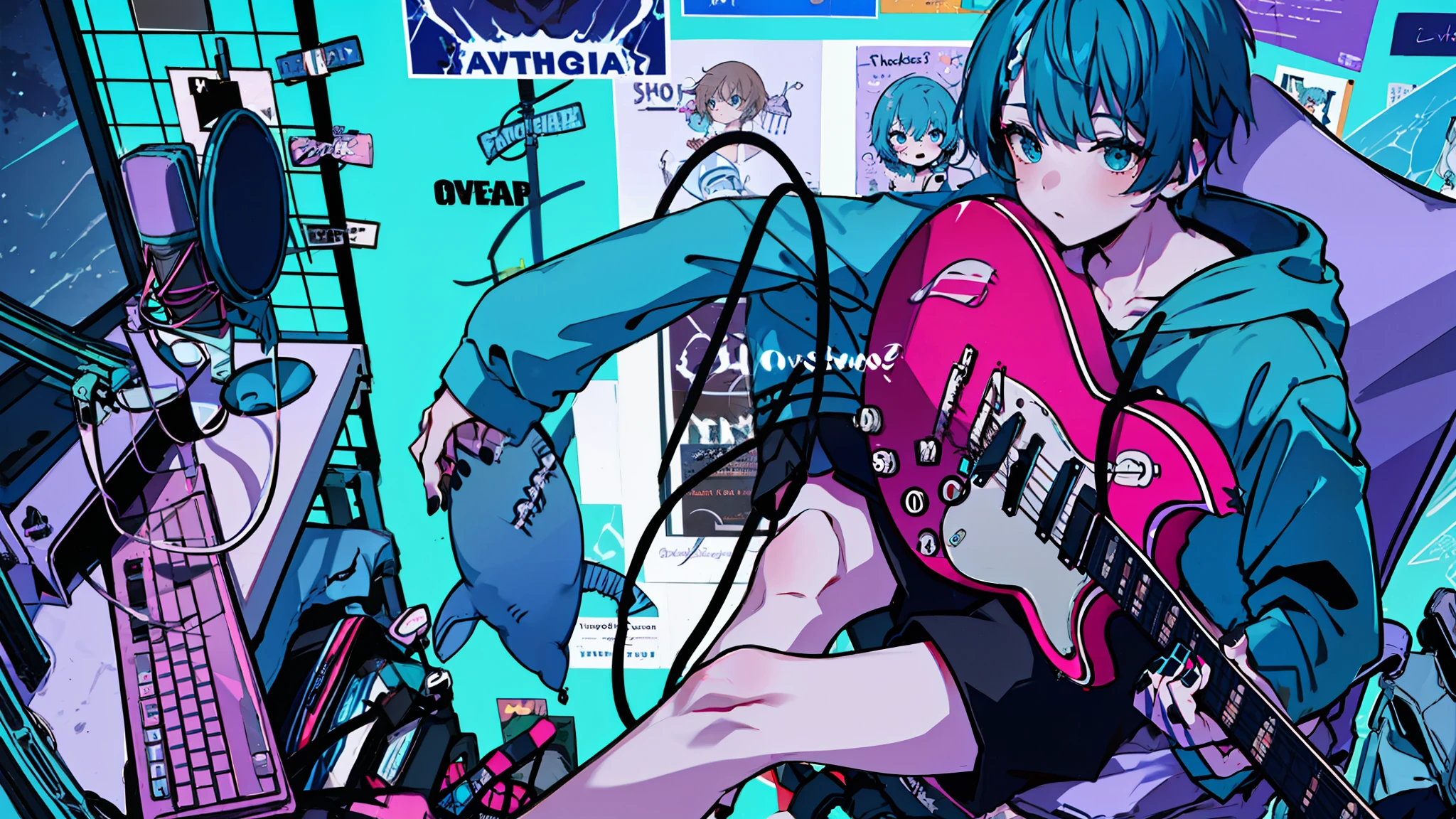 masterpiece, high quality, full body, ((1boy)), (Boy Wearing a blue shark tail hoodie), (Boy Messy Japanese Round Haircut for Thick Hair), (blue nails), (blue hair), black shorts, ((solo)), fashionable, overdose, 1boy, solo, holding, sitting, chair, instrument, microphone, guitar, cable, computer, monitor, holding instrument, electric guitar, poster (object), keyboard (computer), mouse (computer), amplifier,