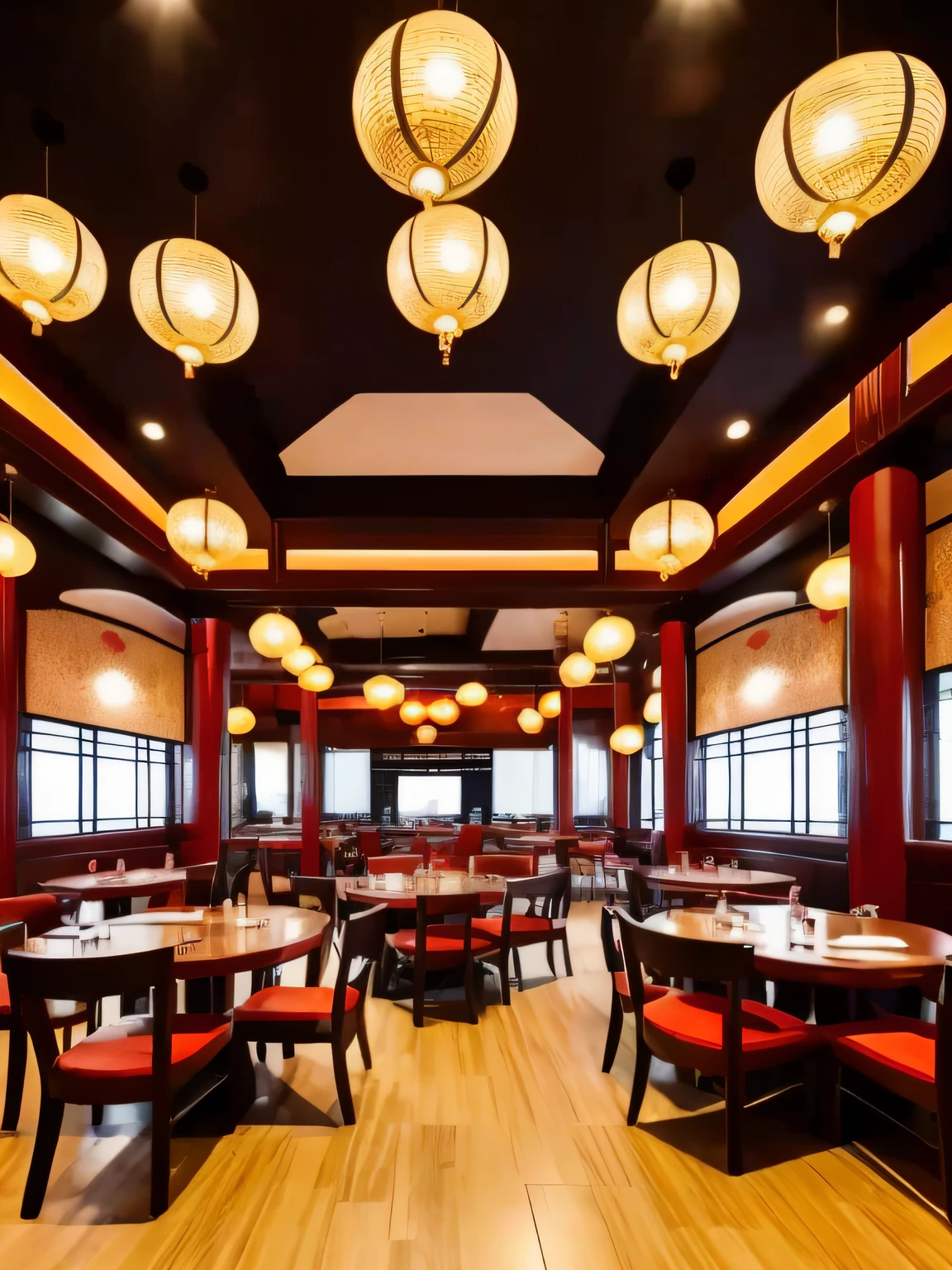 Chinese style restaurant with round tables, corners, wide perspectives.