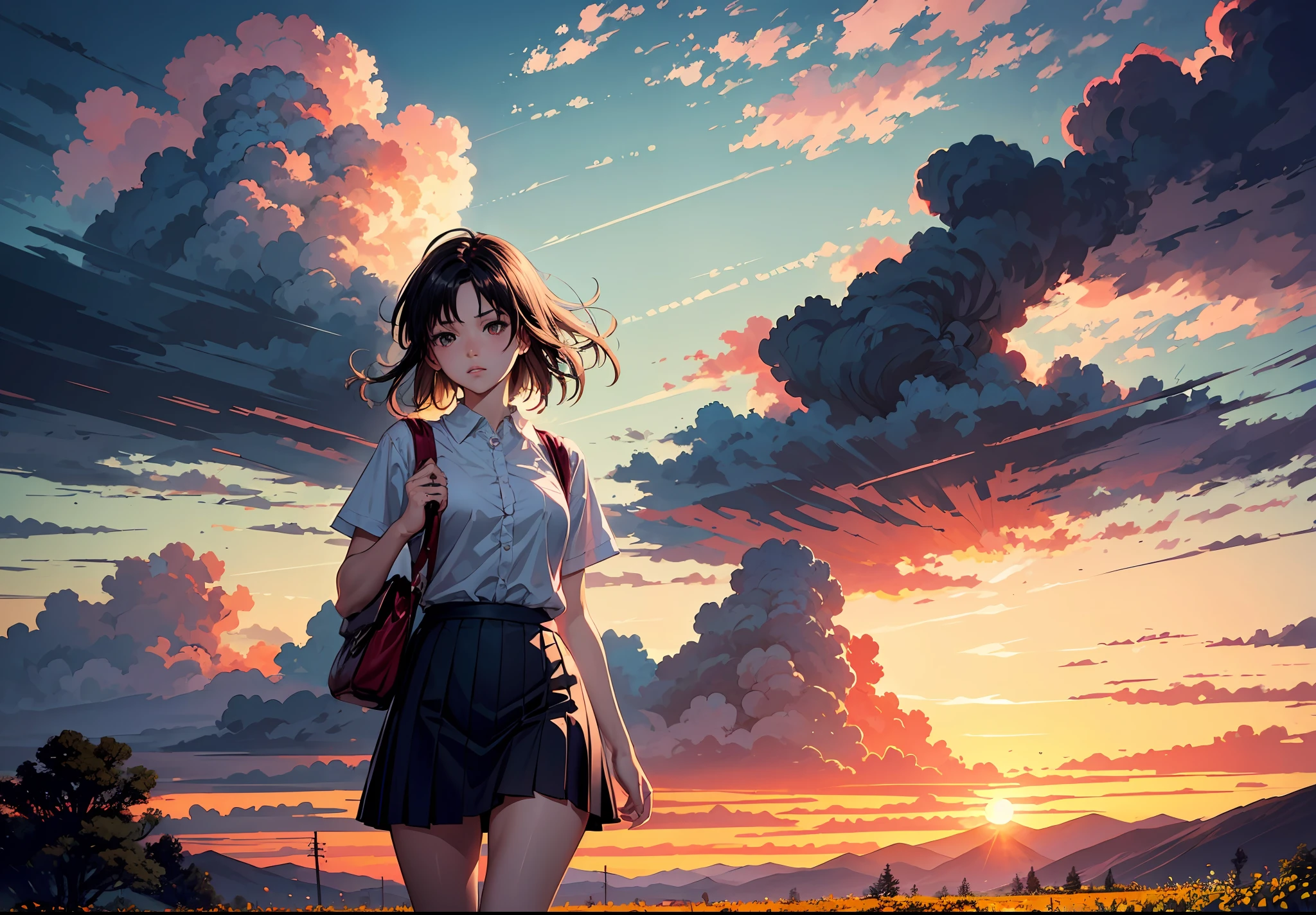 quality，A high resolution，high detal，80shair。。。。，Kizi，（详细的脸），A detailed face，JK，short  skirt，long whitr hair，Fluttering hair，Blurred hair movement，telephone poles，High mountains in the distance，depth of fields，Stand on the train tracks，Carry a shoulder bag, beautiful scence, Makoto Shinkai's style, late sunset，the setting sun，evening light，Burning clouds，Beautiful clouds，Dynamic cloud，Lush wildflowers and weeds，Multi-color matching，Colorful shades，rich details​，Meticulous background，8K，offcial art