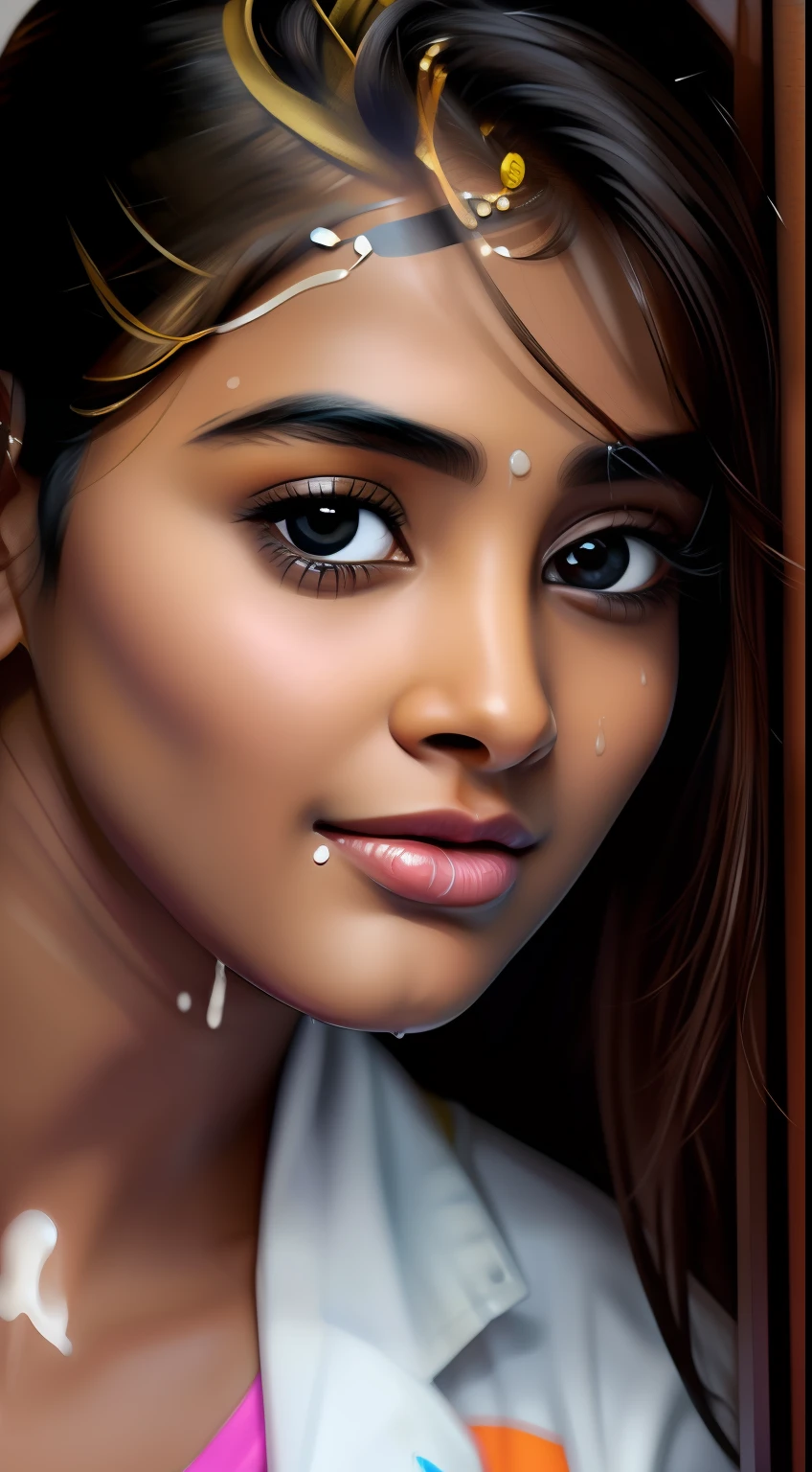 Masterpiece, highest quality, hyper-realistic portrait of an Indian girl, (8k, best quality), shirt, shorts jeans, {{cum(sperm) on face}}, cum_in_mouth. Face is full of cum.She looking at viewer. Close up face photo