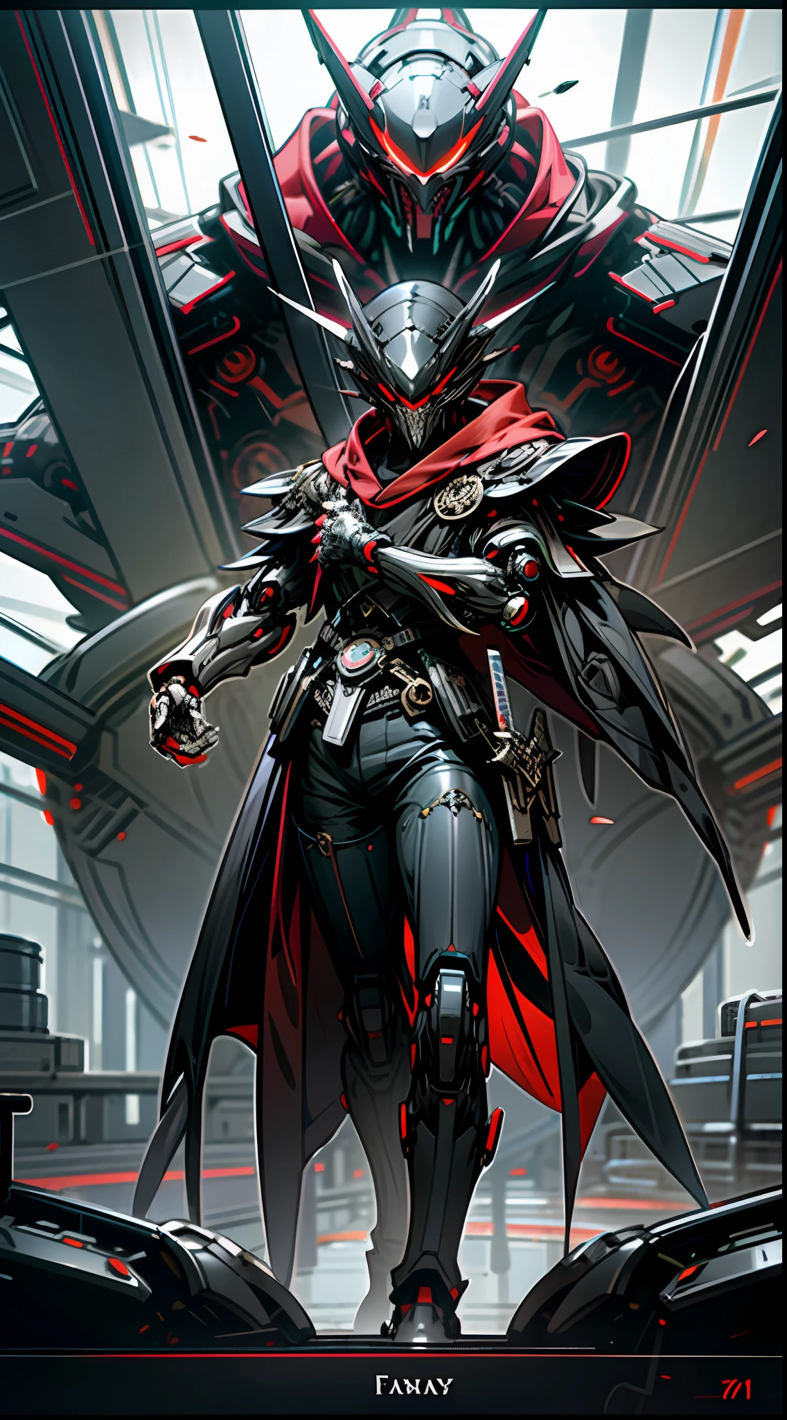 RAW photogr,Dark_fantasy,cyber punk perssonage,(Big Revolver,Sword man,red colour:1.1),1人,围巾,cloaks,Mechanical Wonder,Robotic presence,cybernetic guardians