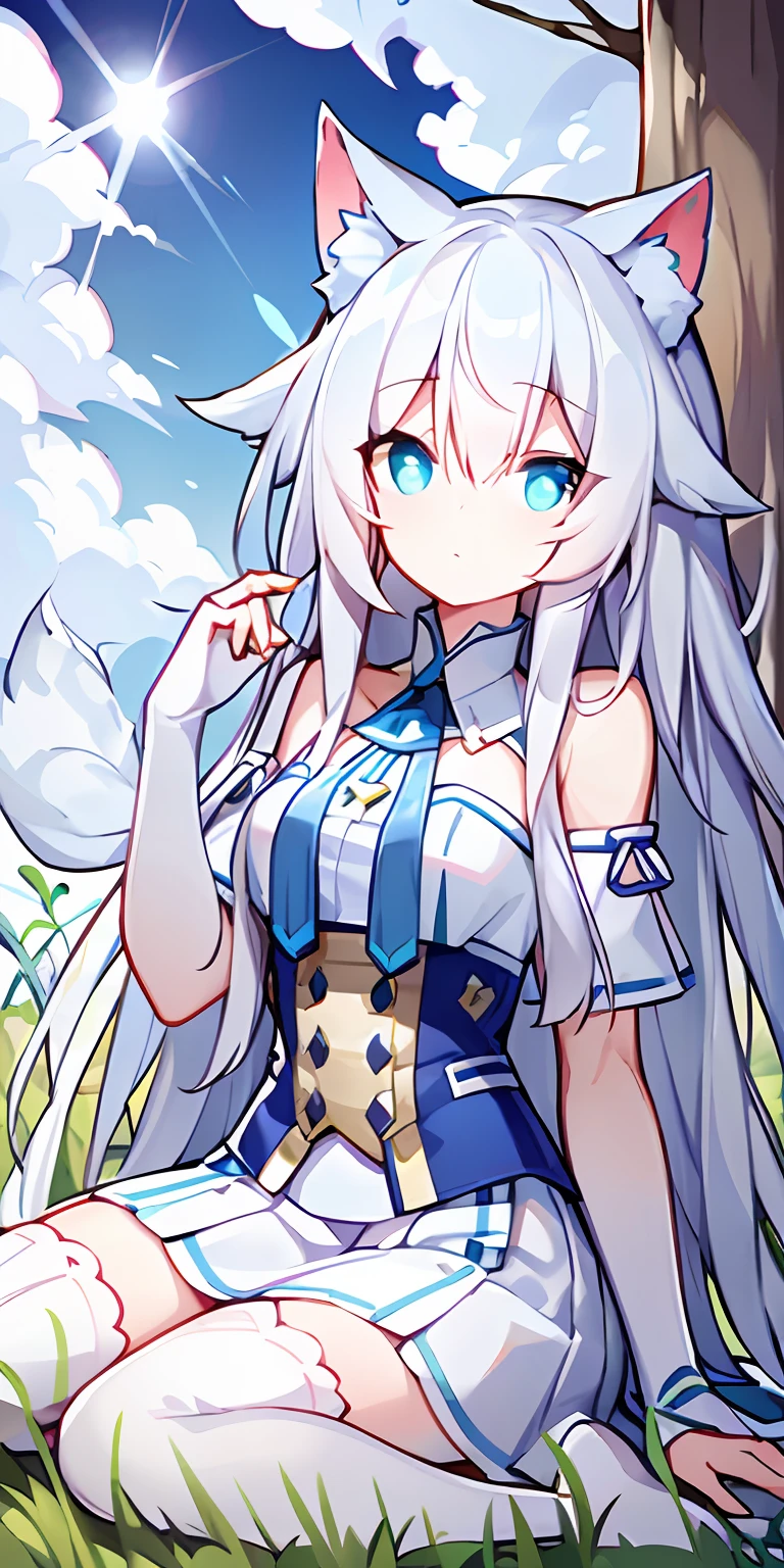 long white hair,grassy fields,The tree,clouds,suns,Blue pupil,white skirt,white stockings,White cat ears