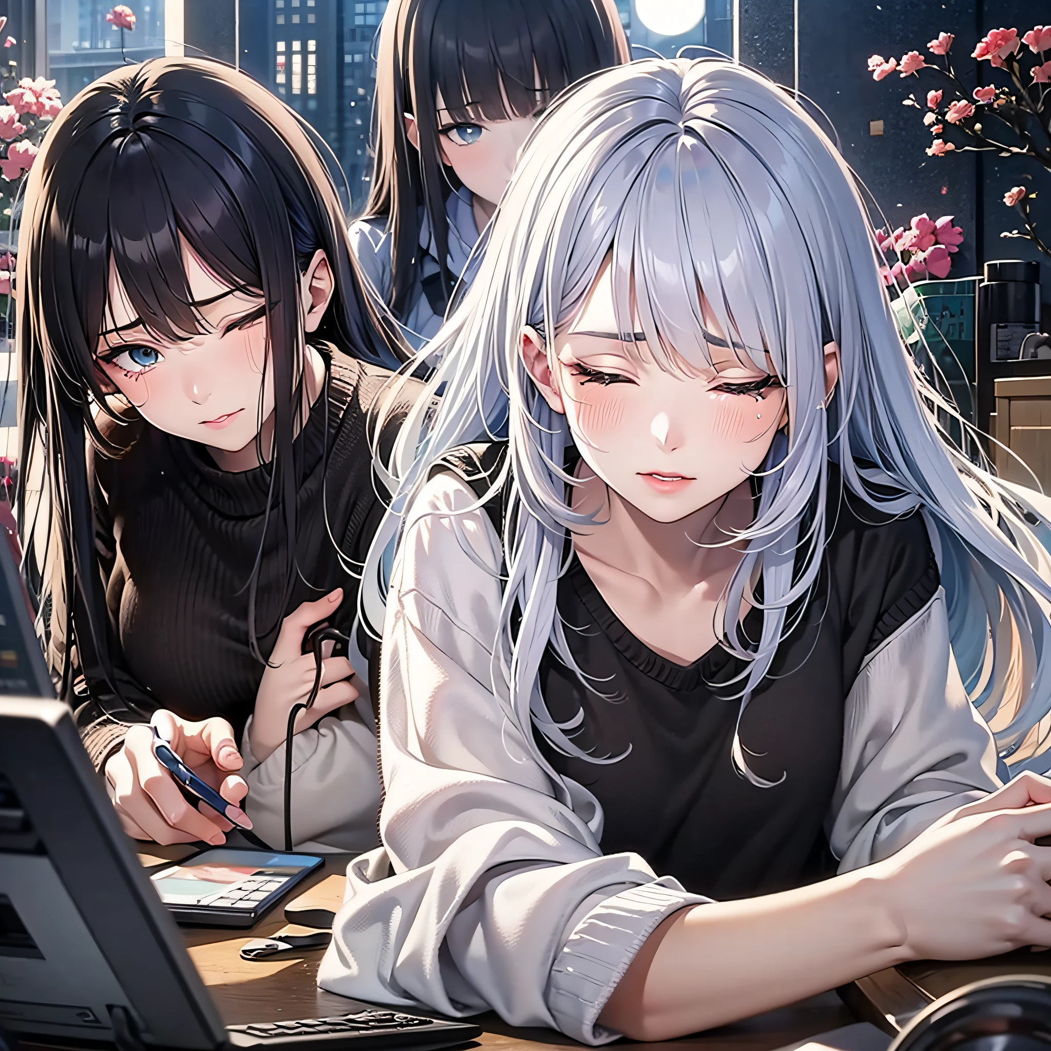 Multiple beautiful  female boys,Gather around the computer,Look at the computer， Under the light, A little moonlight shone on her face, wind blown, Flowers fall, mindbreak, Tears, Gradient eyes, Eyes closed, Sad, parted lip, Sobbing, Gradient hair, Black hair, Silver hair, Light blue hair, Long hair, Cowboy shot, From below, From above, Ray tracing, reflective light, Blurry, Depth of field, Masterpiece, Best quality, High details, High quality, ccurate, Textured skin, Anatomically correct, A high resolution, hyper HD, HD