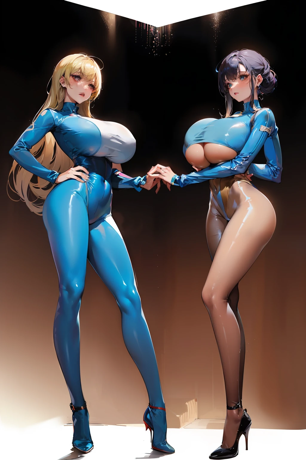 full bodyesbian，Three beauties，Stand in a row，One-piece tights，skinny pants，tightsuit，Conjoinment，Blue latex tights，Thin leg，being thin，Standing on the ground，huge tit，Slim，long leges，Stand up straight，nothing background，extra long leg，Exhibited，Mannequin，long leges，Slim，