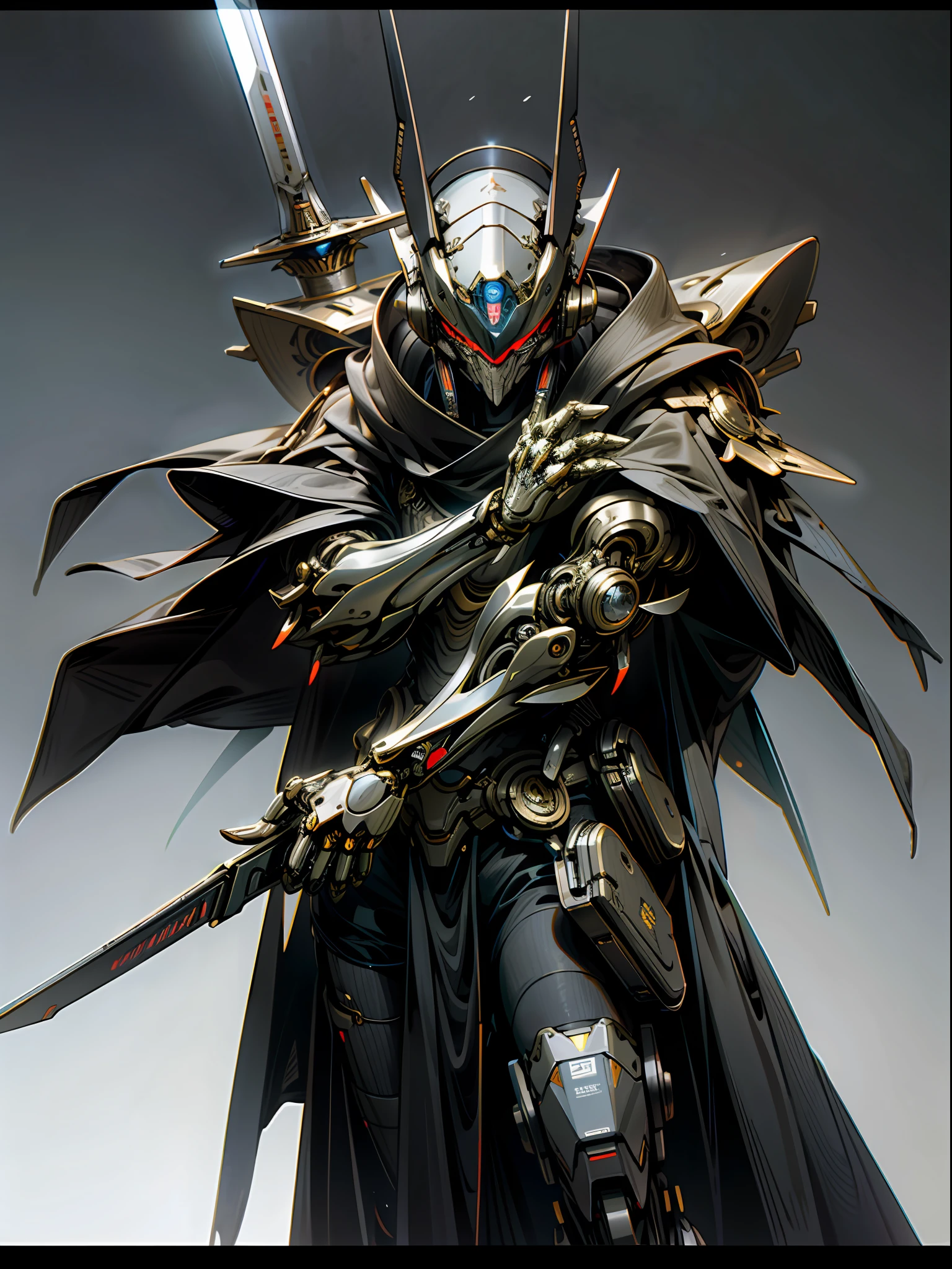 Photorealistic, very high res, {best qualtiy},{ {tmasterpiece}},Extremely detailed 8K wallpaper,intricately details,photorealestic,Realiy,Dark_fantasy,cyber punk perssonage,Stereoscopic projection,(Big Revolver,Sword man,red colour:1.1),1人,围巾,cloaks,Mechanical Wonder,Robotic presence,cybernetic guardians