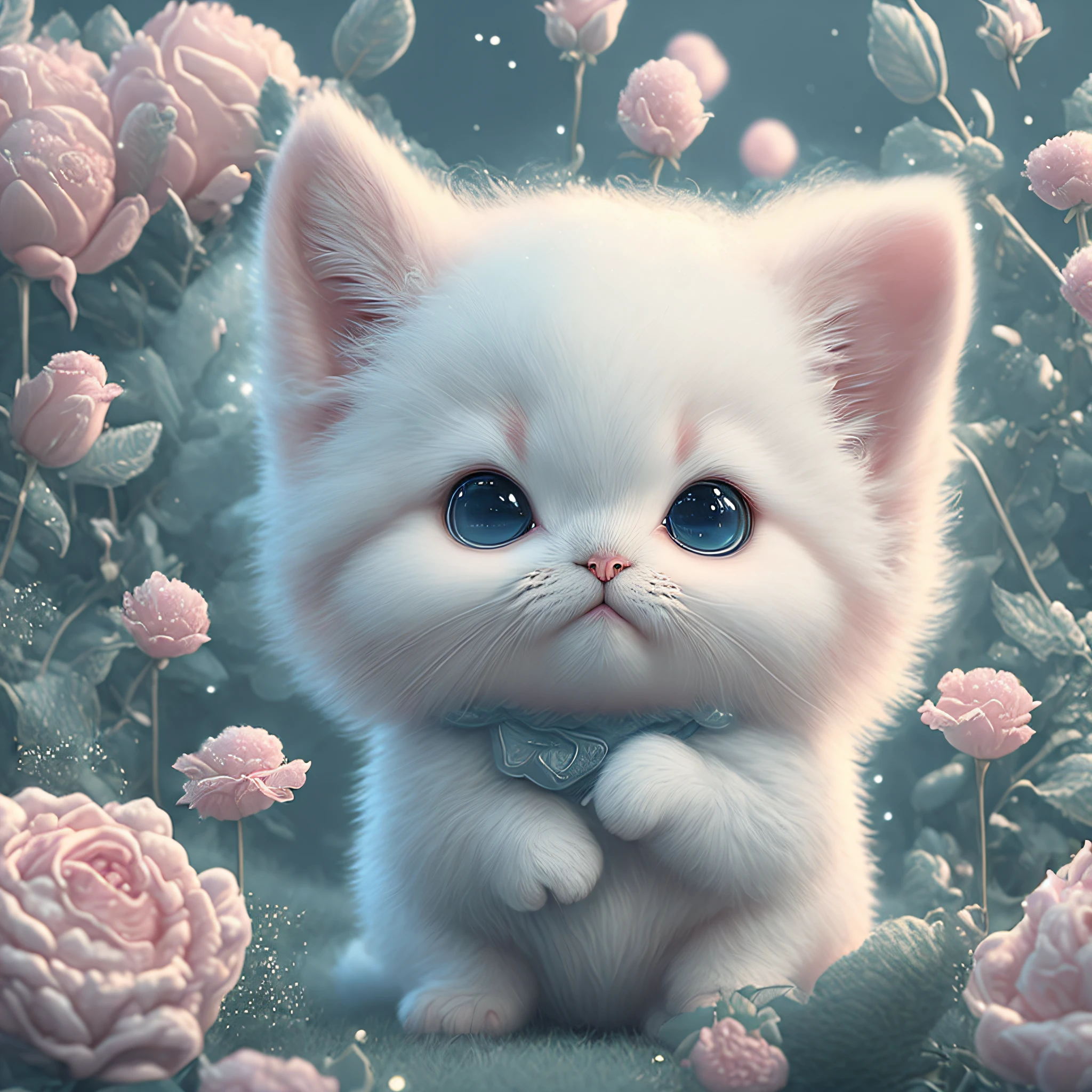 In this ultra-detailed CG art, cute kittens surrounded by ethereal roses, laughter, best quality, high resolution, intricate details, fantasy, cute animals, open mouths, laugh!!