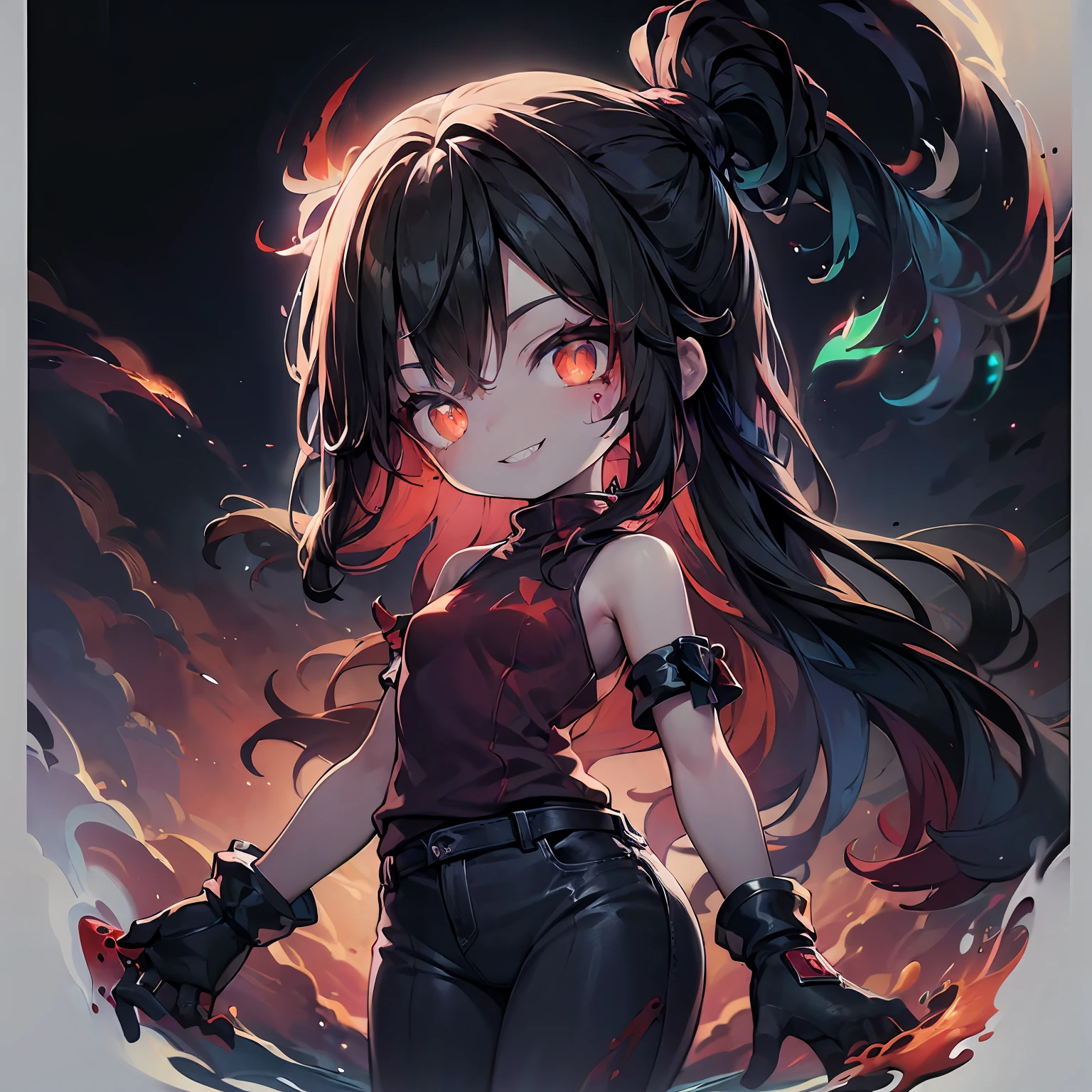 ((masterpiece、top-quality))、(Complex lighting)、odious body、morning、suns、sea bathing、Floating in the air、(((Lots of glowing red bubbles flutter、Blood Splash Paint)))、Small Devil、独奏、1girl in、Long Black Hair、tanktop shirt、Jeans shorts、((Gloves in hand))、absurderes, Grayscale BreakGuess Gaze、(evil smile:1.4)、looking at the viewers、((sharpteeth))、(Crazy red eyes with small pupils:1.1)、yandere、jumpping、Chibi、