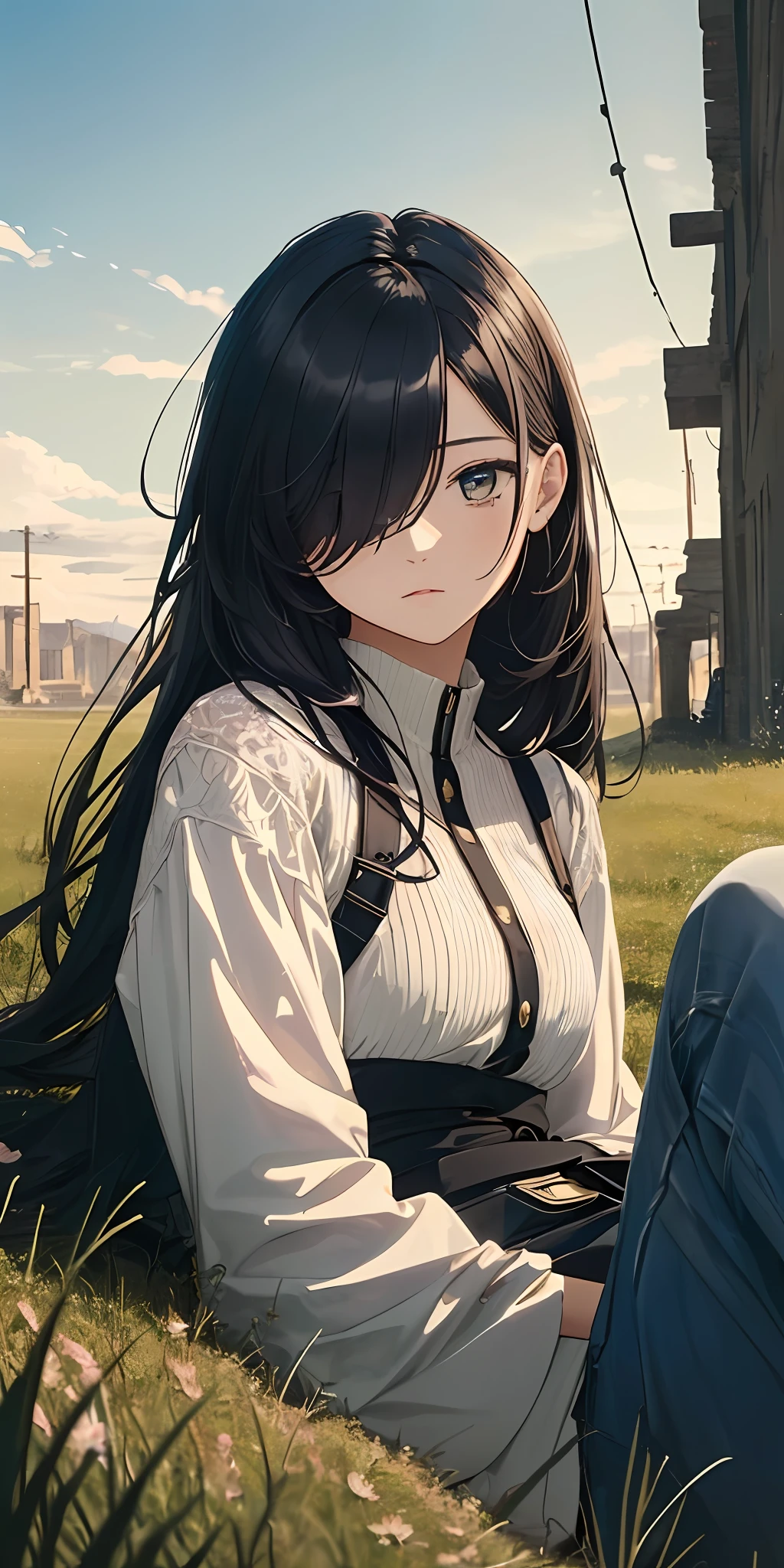 (masterspiece,best quality:1.4), (high resolucion), (intricate details), movies, Cinematic light, blue light, yellow light, (1girls), solo focus, Black Long hair, one's hair covers one eye, android, cold image, dressed in very old clothes, torn clothes, expressionless, lying on the grass, open one's eyes softly, an android girl in ancient civilization, (Apocalypse Background)