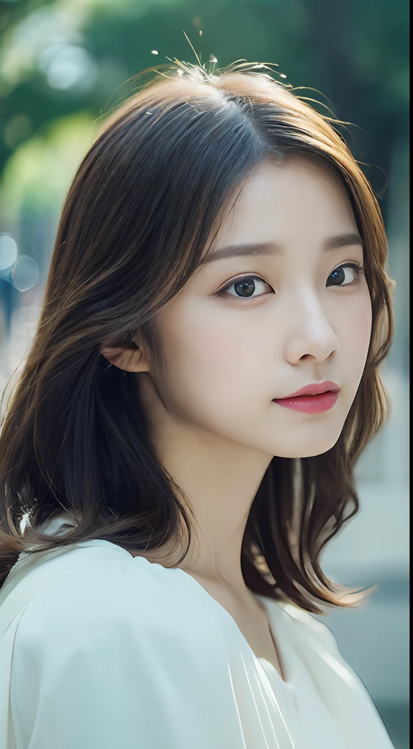 ((top-quality、8K、masterpiece:1.3))、1girl、wavy shoulder length hair、calm、calm、(Realistic detailed eyes、natural skin textures、Realistic face details)、Soft dramatic lighting、vibrant detail、detaile、A hyper-realistic、35mm film、Blurring、城市