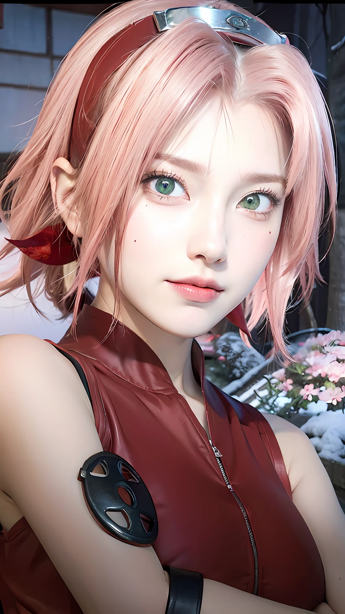 1girl, (8k, RAW photo, best quality, masterpiece:1.2), (ultra highres:1.0),detailed illustration, (real person,fashion photography portrait,photograph), detailed, detailed beautiful skin, (realistic, photo-realistic:1.37), SakuraNS, solo, professional lighting, pink dress with flower), village, east asian architecture, trees, village hidden in the leaves background,looking_at_viewer, smile, forehead flower,red_hairband,pink hair,green eyes,mitain,toeless footwear,kunai,facial mark,konohagakure symbol,fighting_stance,fence,ninja,adjusting gloves,sleeveless,cleavage, big breasts