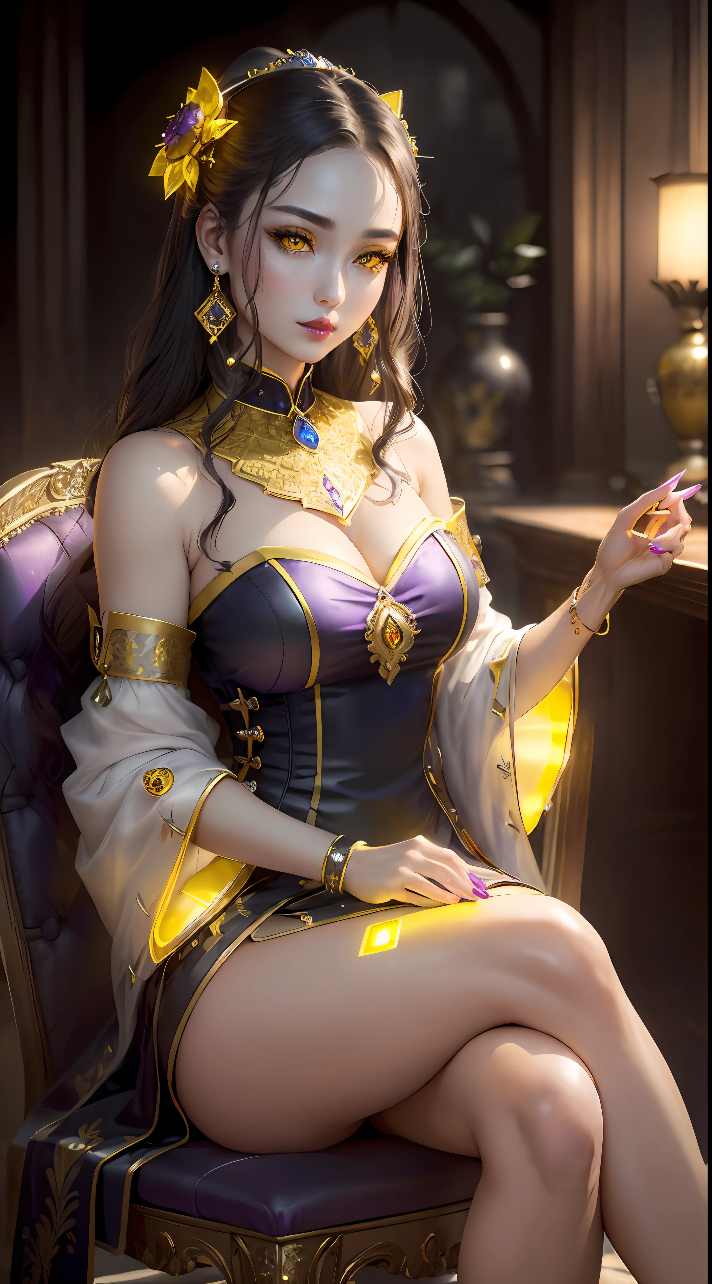 ((top-quality)), ((masterpiece)), (detaileds), (8K:1.1), (realisitic:1.5) 、Realistic、Beautiful charm (1womanl:1.3), 详细的脸, hight resolution, extra detailed face, beautiful countenance, (Magic Yellow Glowing Eyes:1.5), (frosty appearance:1.2), (extremely detailed eye:1.4), (Beautiful fece:1.3), (Looking into the soul:1.3), (deadpan)、(Diamond intricate earrings:1.2),, (Purple Lipstick), make - up:1.1)、T back、pale skin、Sitting on a chair、Pose freely