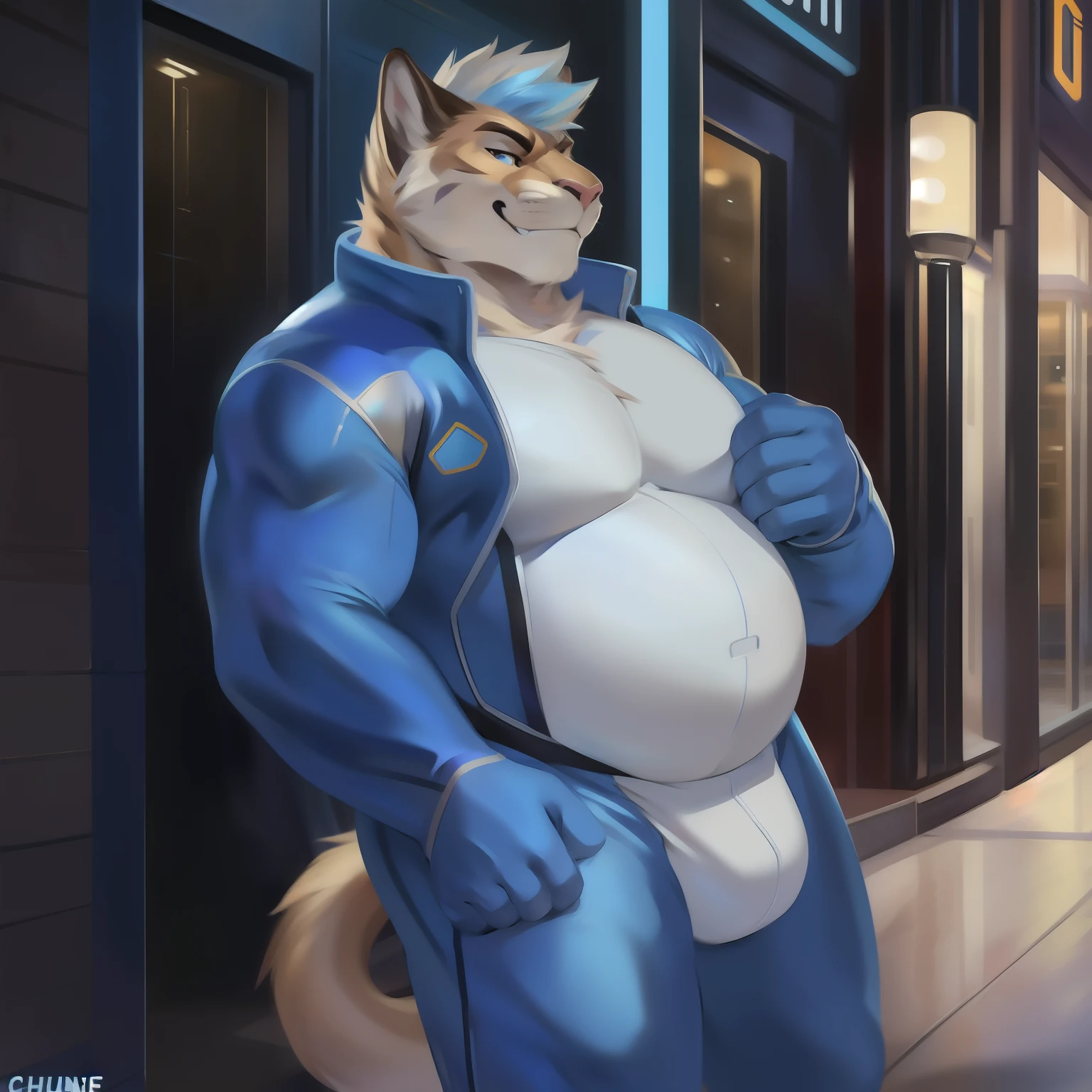 Solo, male, standing, street, overweight, muscular, smirking, (((blue spacesuit))), by chunie, puma, ((hair, snout))