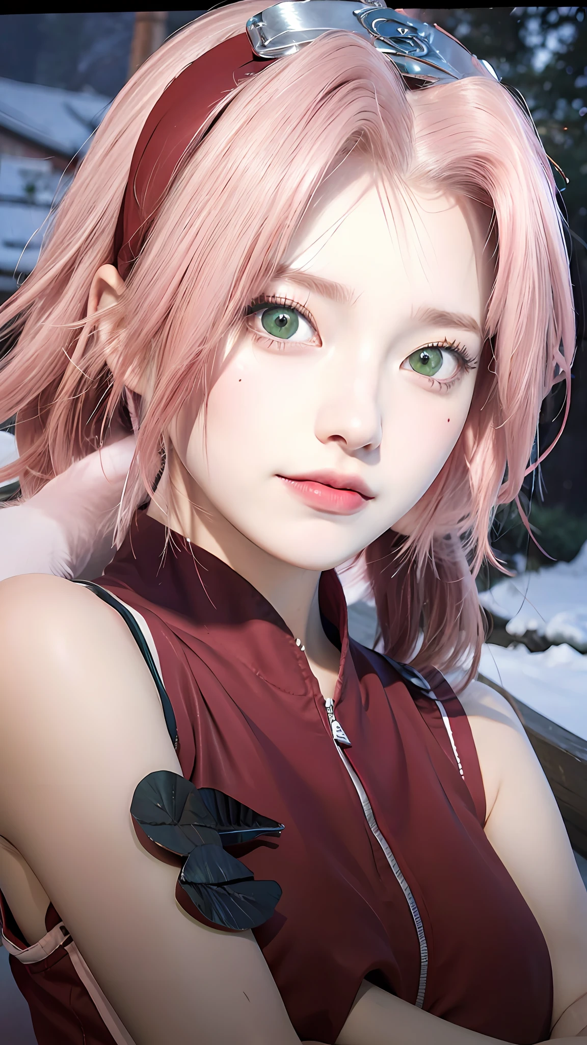 1girl, (8k, RAW photo, best quality, masterpiece:1.2), (ultra highres:1.0),detailed illustration, (real person,fashion photography portrait,photograph), detailed, detailed beautiful skin, (realistic, photo-realistic:1.37), SakuraNS, solo, professional lighting, pink dress with flower), village, east asian architecture, trees, village hidden in the leaves background,looking_at_viewer, smile, forehead flower,red_hairband,pink hair,green eyes,mitain,toeless footwear,kunai,facial mark,konohagakure symbol,fighting_stance,fence,ninja,adjusting gloves,sleeveless,cleavage, big breasts