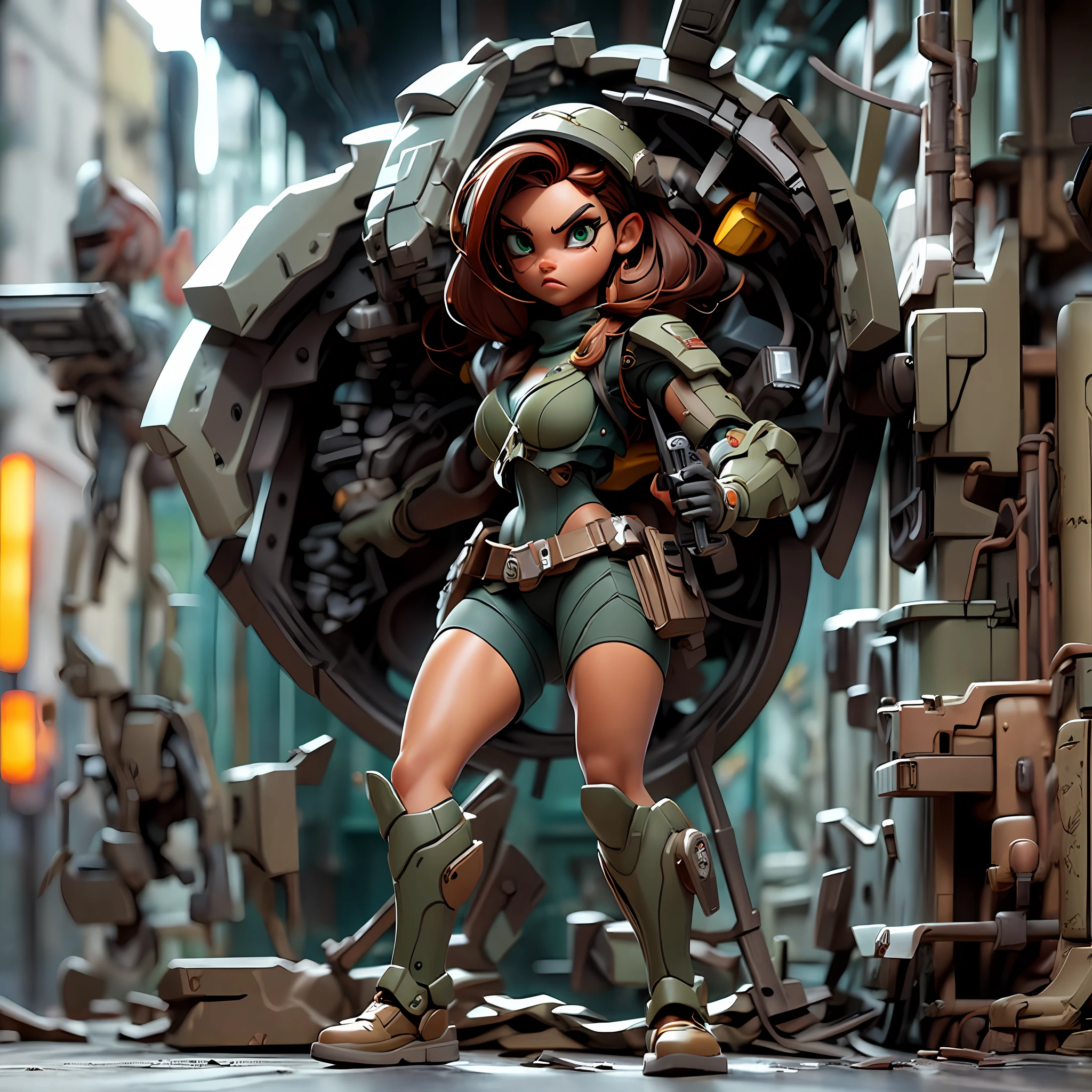 Standing alone、((Female combatant with mechanical body))、Iron Mask、((cyberpunked))、Cool Beauty、Face strong enemies、Engineers、(Veteran Hero)、Counter Attack、full body Esbian、Ready for Battle、Have a large number of firearms、Brown skin tone、Green eyes