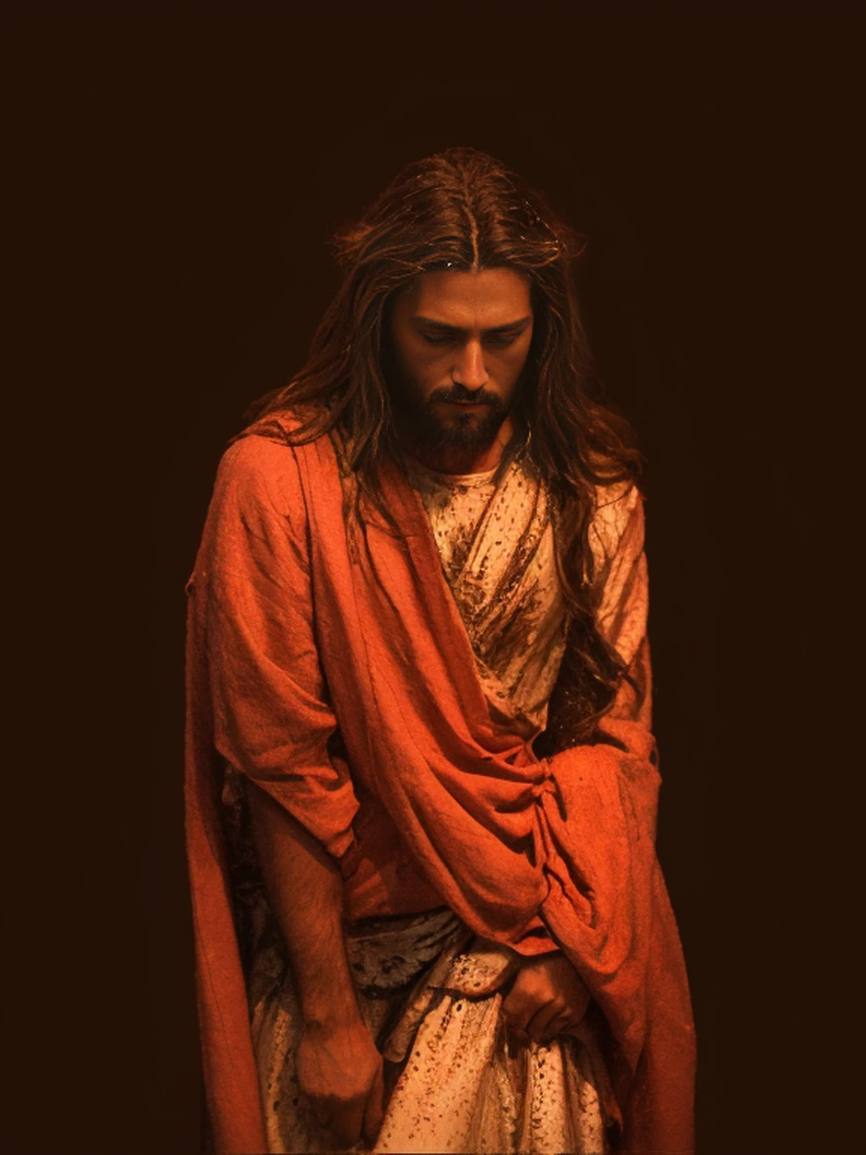 Jesus Cristo, Vestido como Jesus Cristo, Retrato de Jesus Cristo, Jesus, jesus of nazareth, Jesus Gigachad, Jesus na Cruz, Directed by: Kurt Roesch, rosto de Jesus, Jesus, RAW, foco preciso, raios de sol, Background in photography studio, 8k, 80mm 1.8, Canon R3 , ISO 3800 Certification, filme de filme, cinemactic