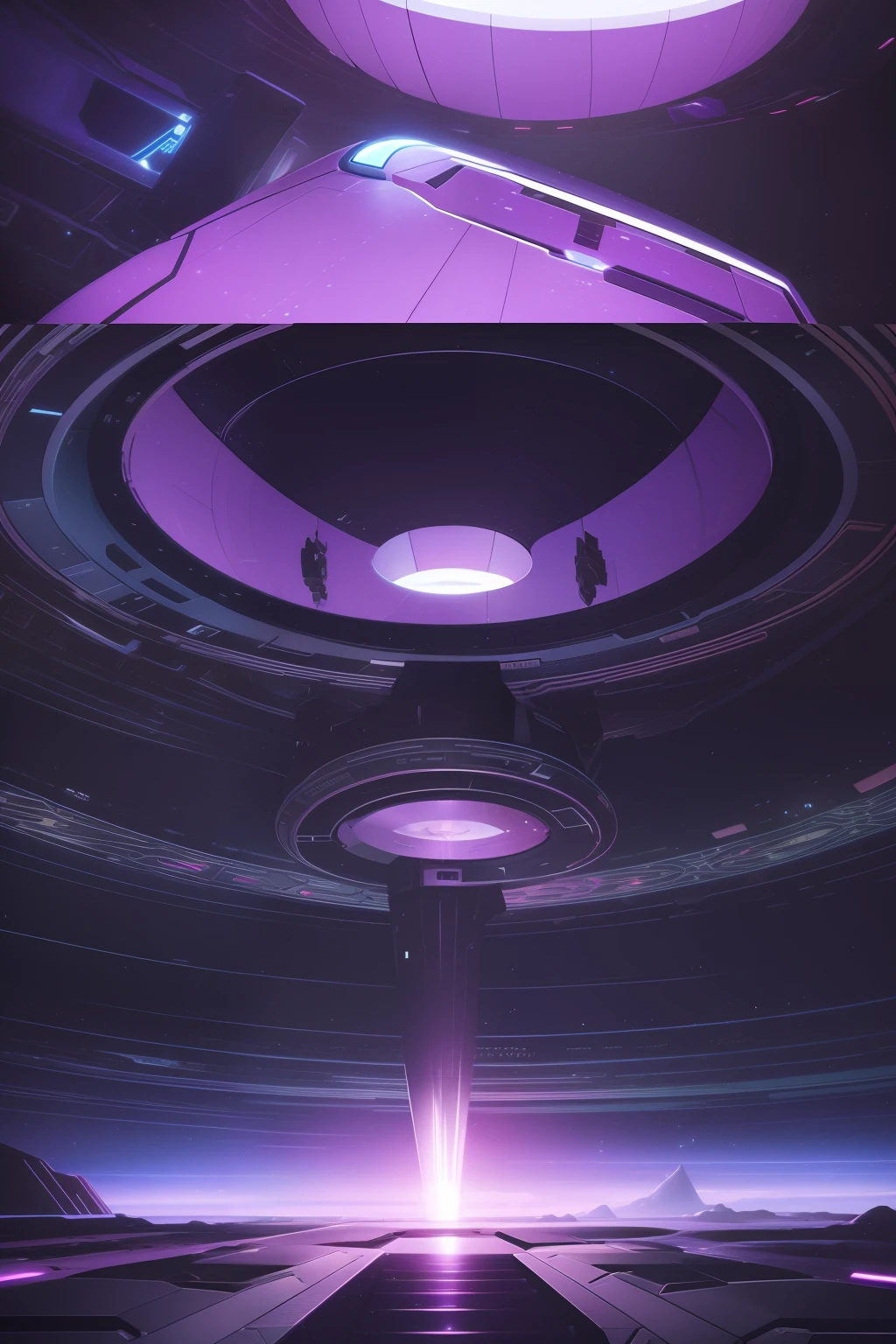 "'Dodecahedron Bogis Spaceship Alpha-Nu' landing on an alien planet for an ambassadorial visit. The surface of the ship mirrors the foreign yet familiar terrain of the planet, with shades of black and purple resonating with the alien flora and fauna."