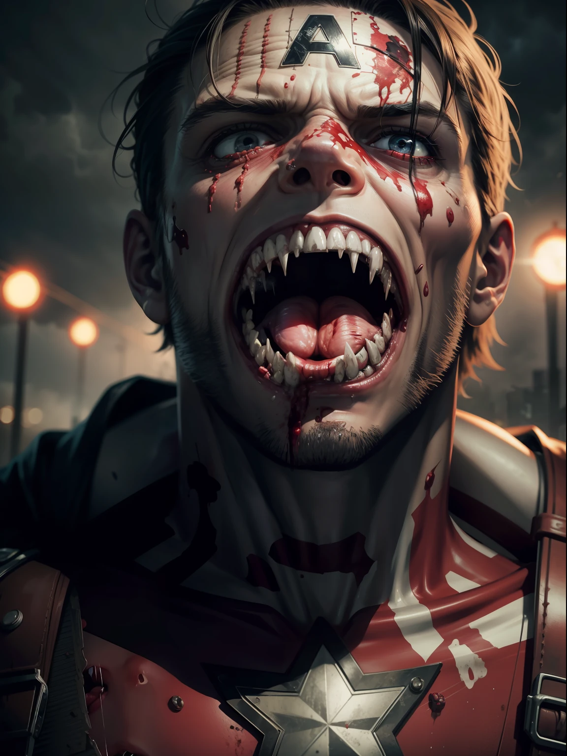 Dramatic captain America as a zombie covered in wounds and blood all over and opened its mouth showing its teeth and ready to bite, lightning on the background, cinematic, extreem realistic, extreem detailed, extreem Sharp, middle close-up shot