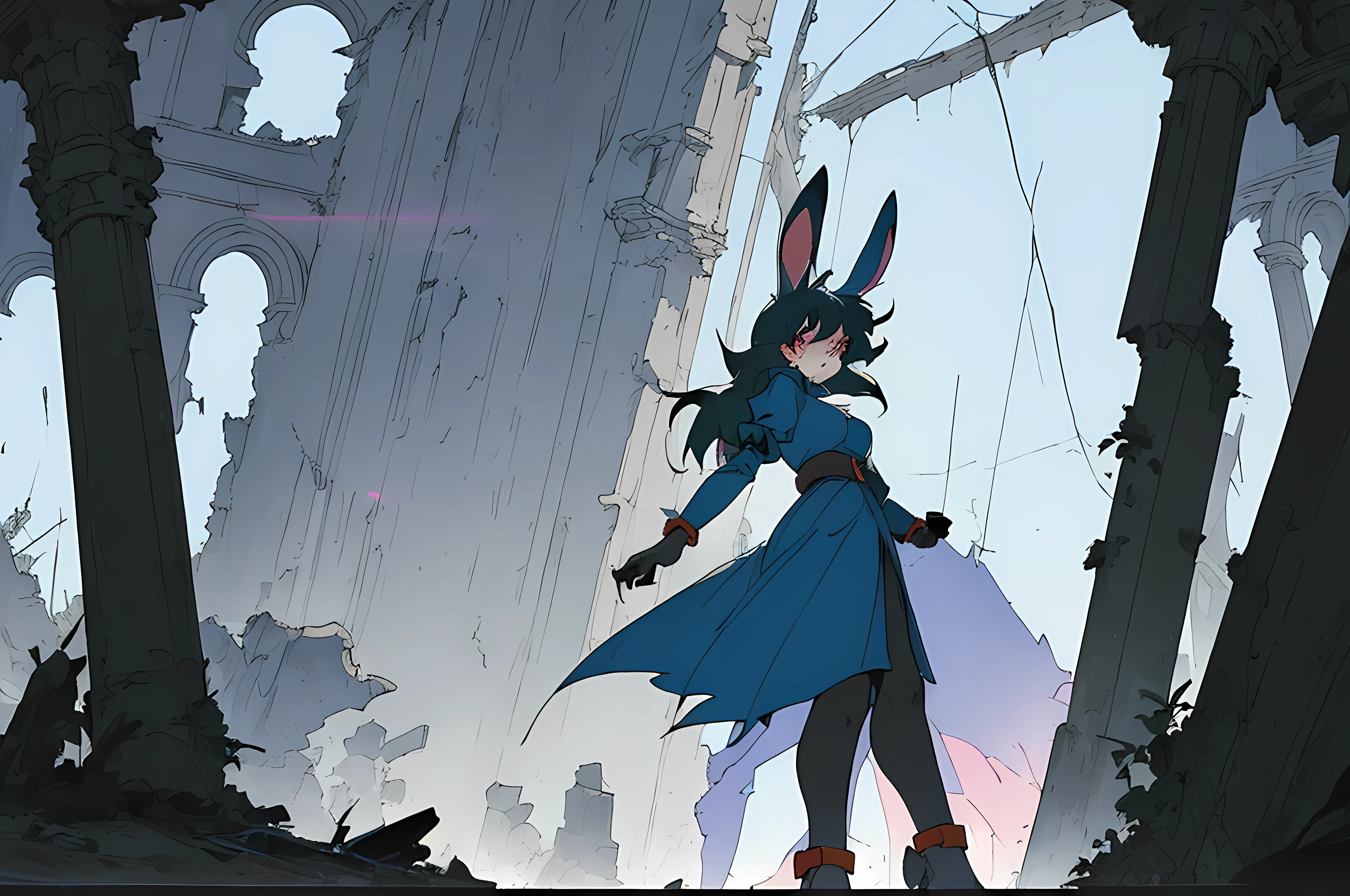 (((vintage vhs))), (((80s anime filmation cel art))), (((crt screenshot))), gunsmith cats, (vampire hunter d), (((bleak dark gothic cathedral shootout))), (((thin gothic blue anthro kemono furry rabbit exploring old ruins))), (((bleak underground cavern, walking in old ruins))), anime rabbit character with futuristic hair and glowing eyes exploring old ruins, anime art, anime aesthetic, (((old ruins in background cel art))), kemono anime rabbit girl, wearing cybernetic bunny ears, angry lithe powerful female fighter, (((bleak dark witch hunter robin))) --v6