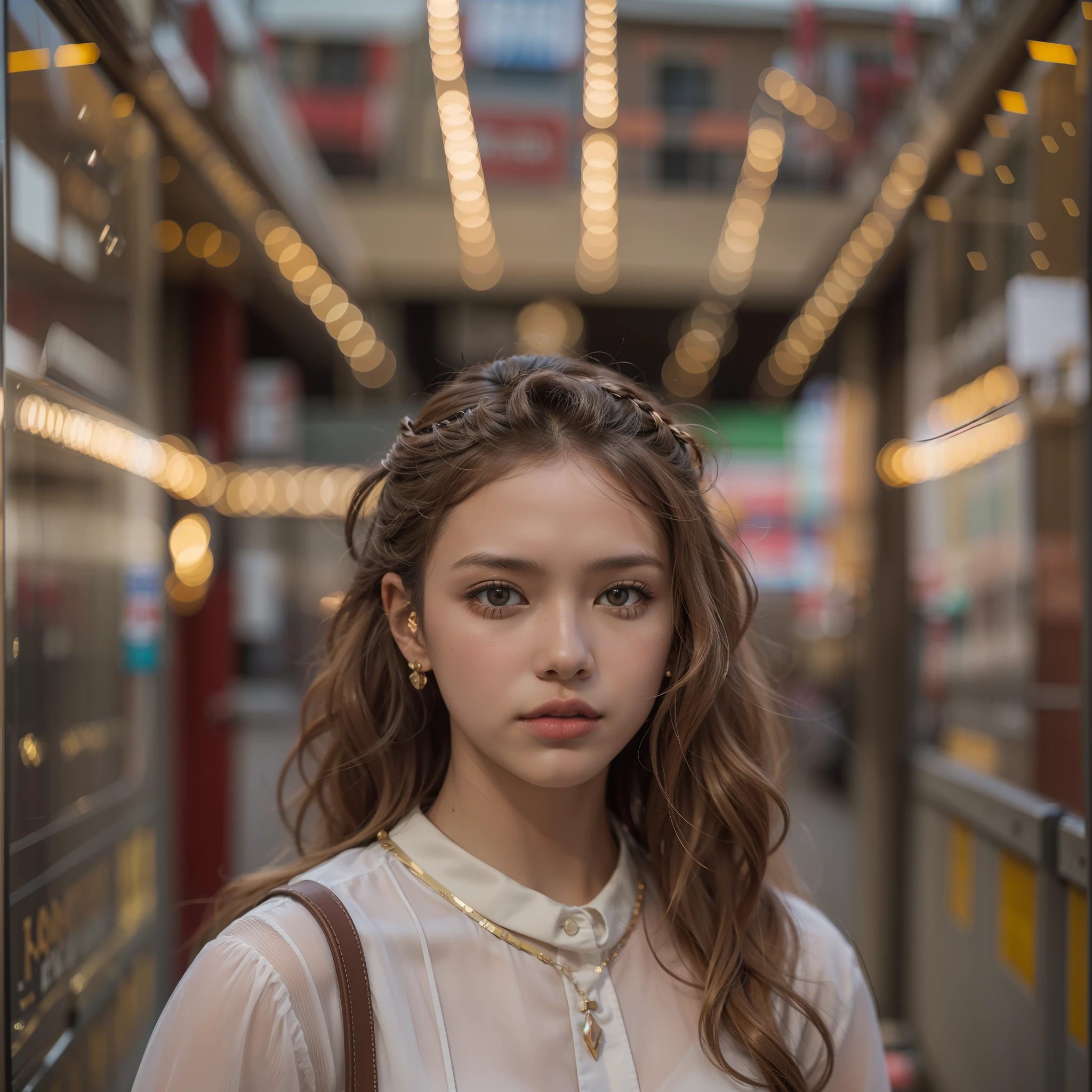 street style photo portrait of the young instagram model, sparklecore, appropriation artist, clear edge definition, unique and one-of-a-kind pieces, light brown and light amber, Fujifilm X-T4, Sony FE 85mm f/1. 4 GM, no nudity, no NSFW, no brands, --quality 2 --s 750 --v 5.2
