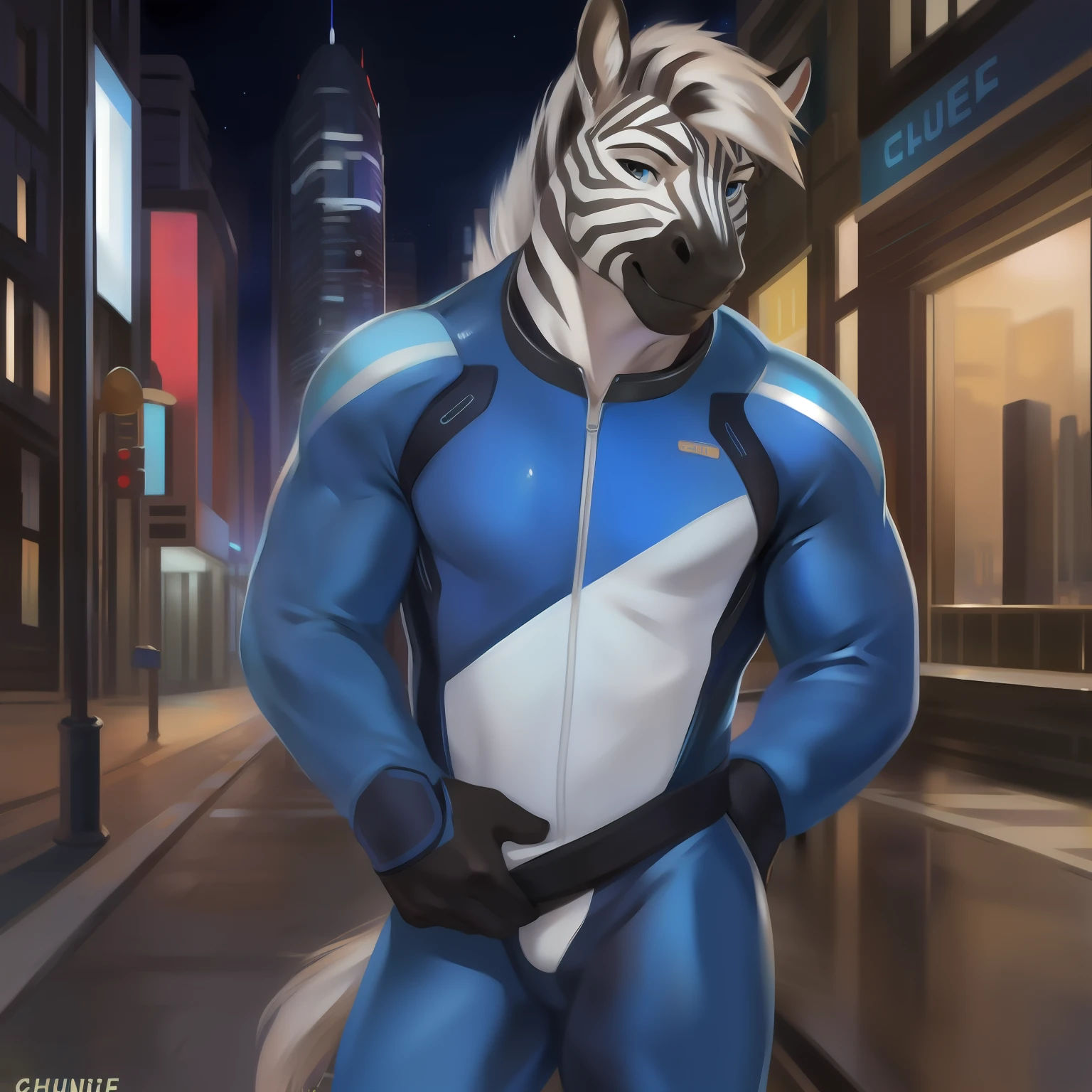 Solo, male, standing, street, muscular, smirking, (((blue spacesuit))), by chunie, ((hair, snout)), zebra,