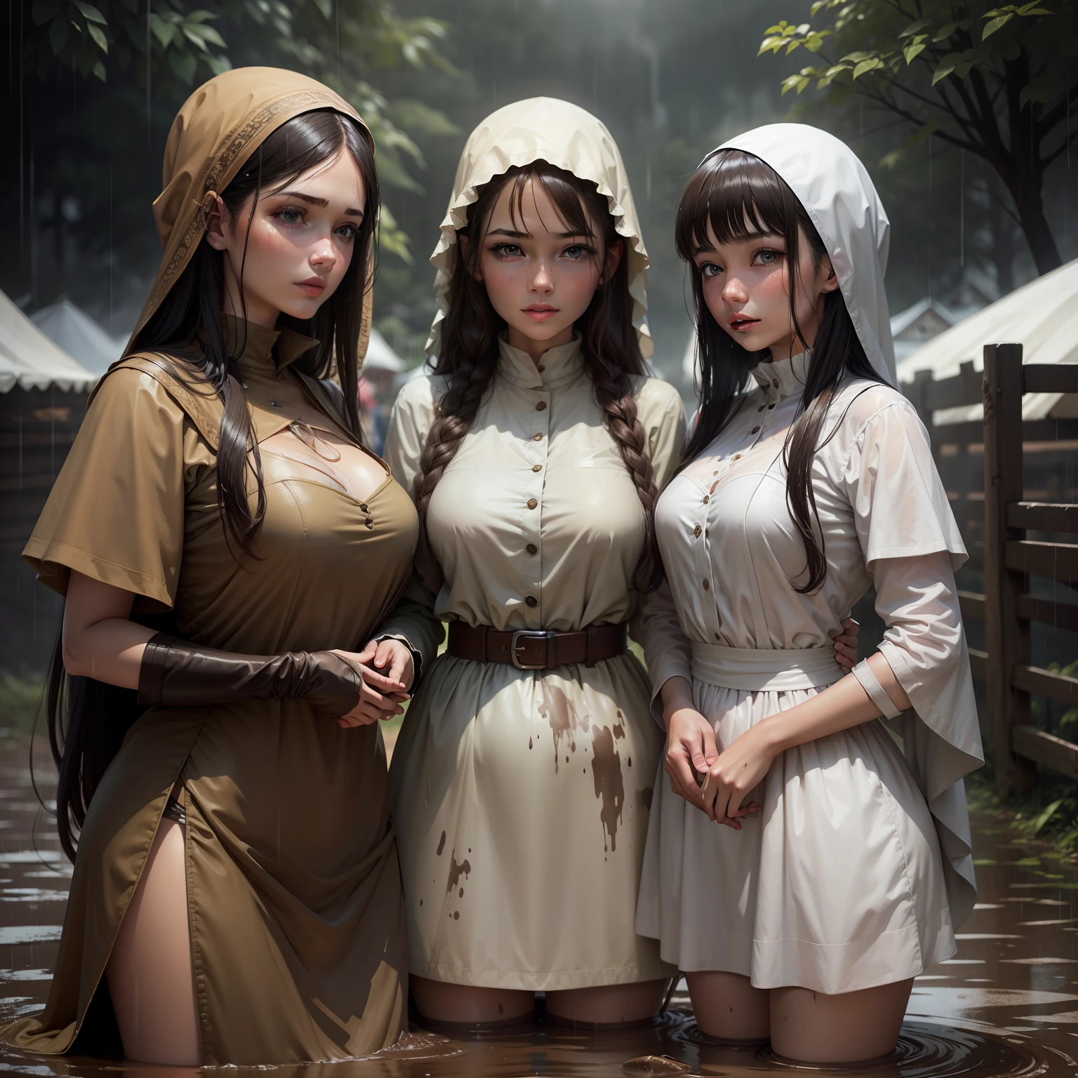 Beautuful Women,mont,very heavy rain,Gauze clothes,mud ground