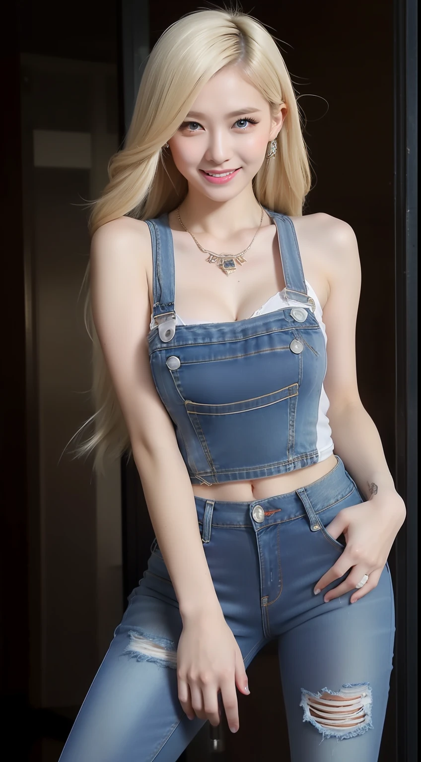 (masterpiece), best quality, expressive eyes, perfect face, stocking, white tanktop, little smile , gloves, blonde, big boobs, necklace, earing, long hair, tattoo Korean girl, dancer, (((short jeans)))