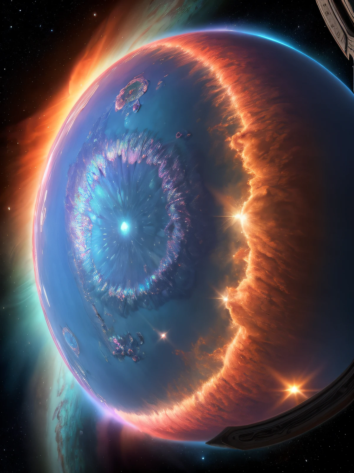 dublex ((((8k)))) HD photo extremely detailed render (((iridescent))) planet, thick hazy orange atmosphere, deep blue ((swirling clouds)), large saturn-like rings, pillars of creation