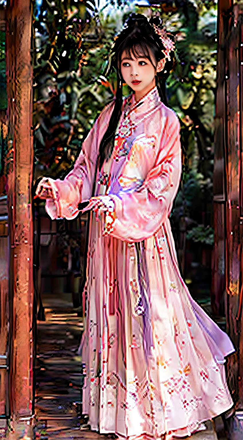 There is a girl in a green dress, plum blossoms, palaces, oriental architecture ray tracing, {best quality}, {{masterpiece}}, extremely detailed 8K wallpaper, {an extremely delicate and beautiful}, colorful, intricately detailed, Realistic, real, camera quality, (detailed depiction of clothes), cool white skin, (detailed depiction of blush), 1080p, sun, soft cuteness, smooth light silver hair, messy beauty, lighting, broken feeling, bright and silky skin , 3D stereoscopic, masterpiece, best quality, super fine illustration, beautiful eyes, very fine light, fine glow, very fine 8K CG wallpaper, peach eyes, red pupils, an extremely delicate and beautiful girl, 8k Wallpaper, best quality, full body close-up, white long dress, luxurious silky bright red chiffon floodlight (magic, glitter, ultra-thin, soft,) Hanfu