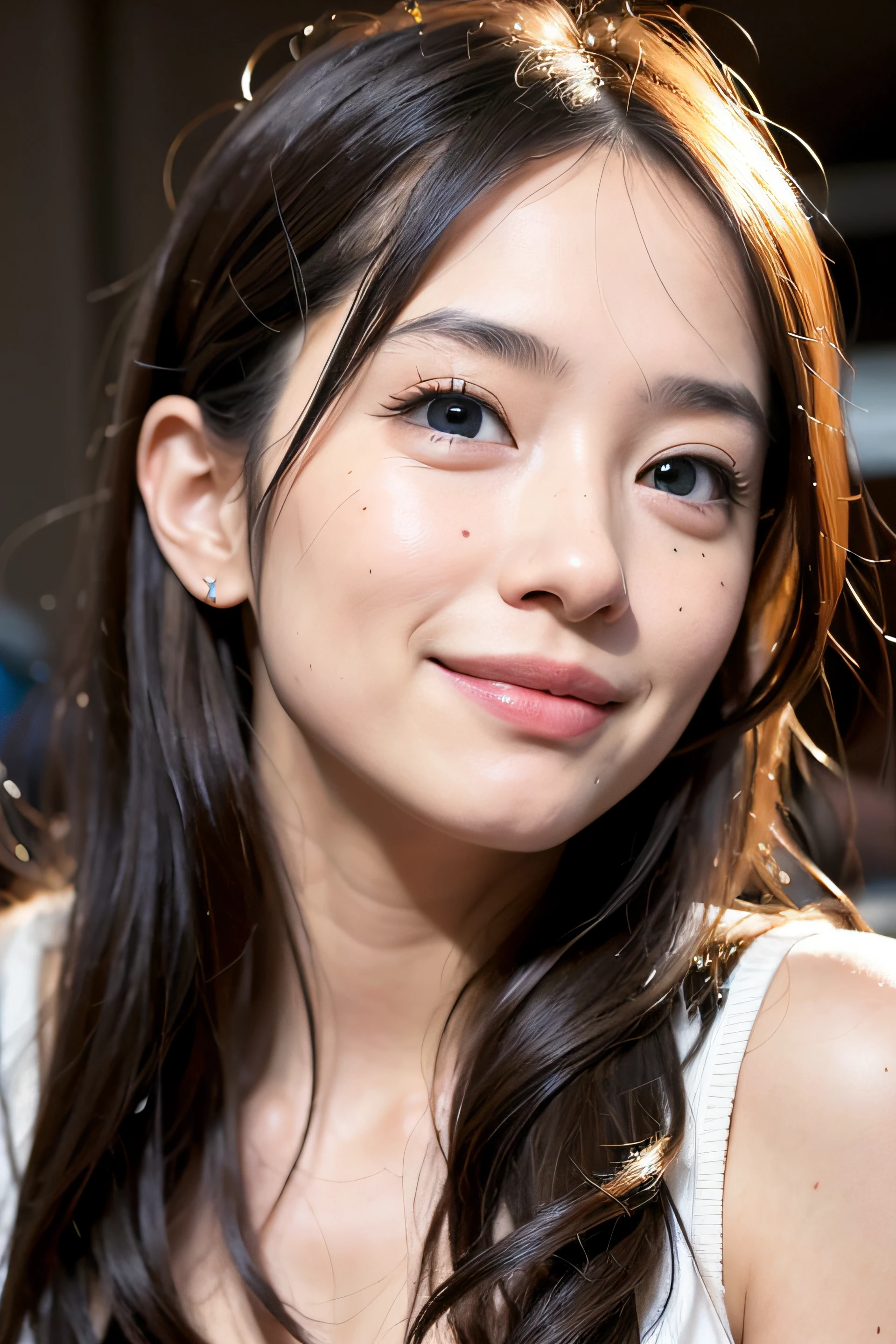 (realistic, photo-realistic:1.37),(8k, RAW photo, best quality, masterpiece:1.2), cute, ultra-detailed,heart-shaped pupils,physically-based rendering, ultra high res, looking at viewer,photorealistic,realistic, solo, photorealistic, best quality,extremely detailed face,extremely detailed eyes and face, beautiful detailed eyes,absurdres, incredibly absurdres,haunting smile,childish looks,Messy hair, floating hair,pureerosface_v1:0.2, face close-up